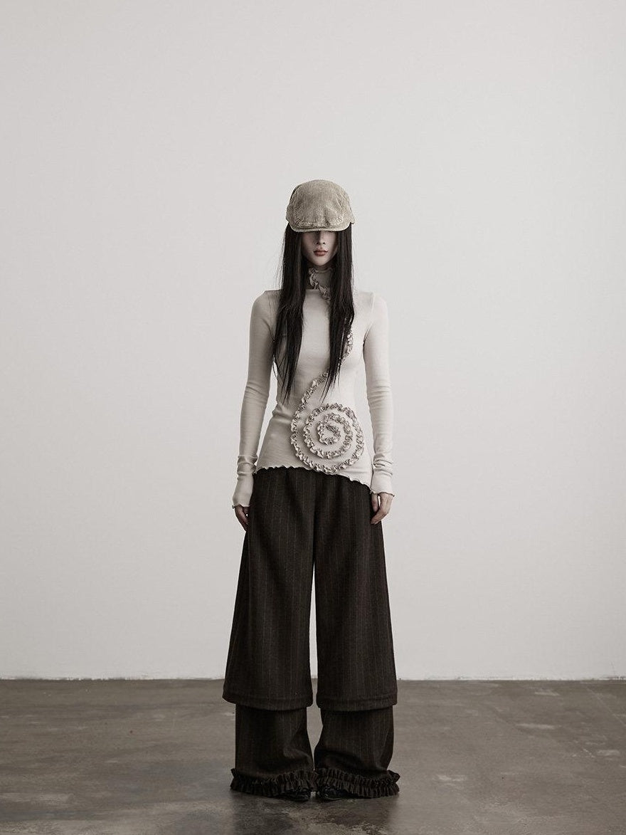 INDULGE Durable Patchwork Casual Natural Waist Zipper Straight Hem Brown Wide-Leg Pants