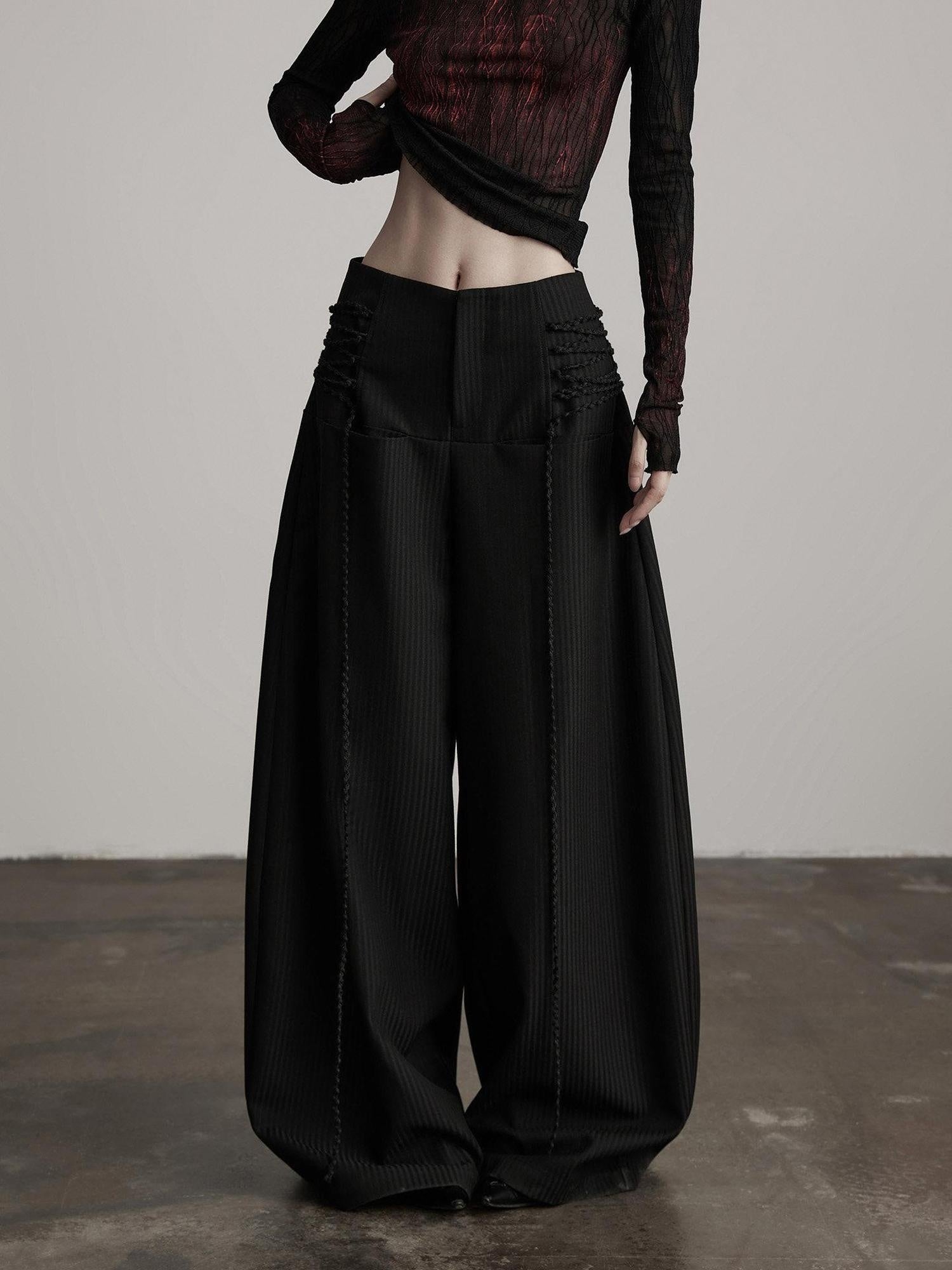 INDULGE Durable Stretch Casual Striped Flared Pockets Natural Waist Women Wide-Leg Pants
