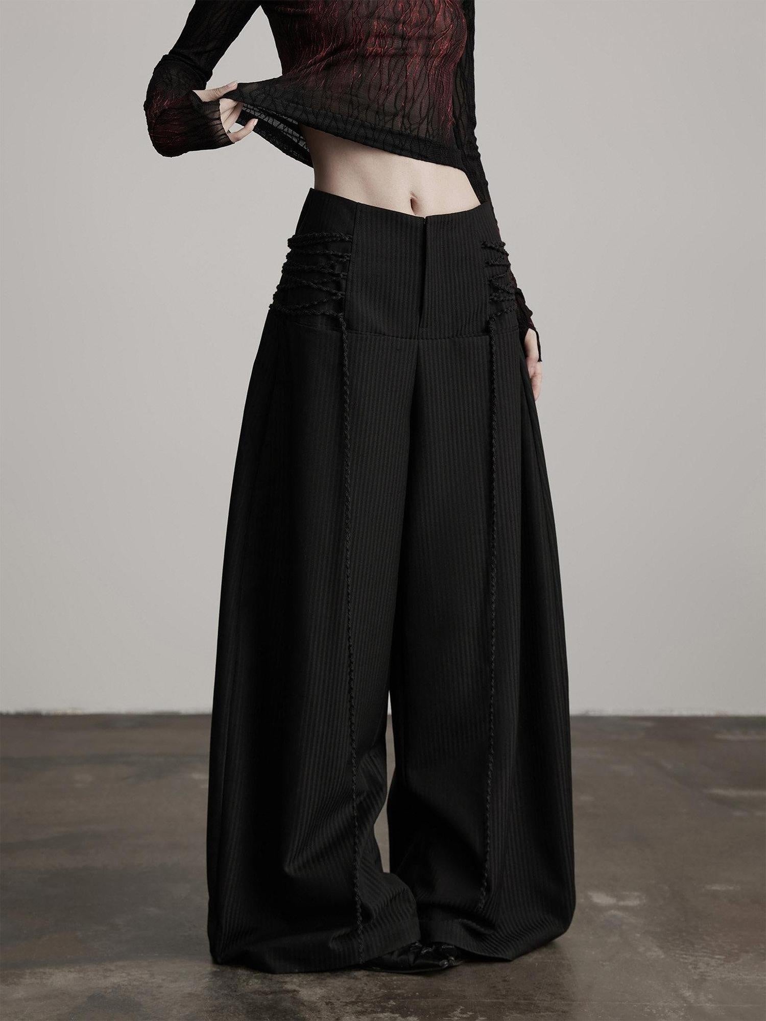 INDULGE Durable Stretch Casual Striped Flared Pockets Natural Waist Women Wide-Leg Pants