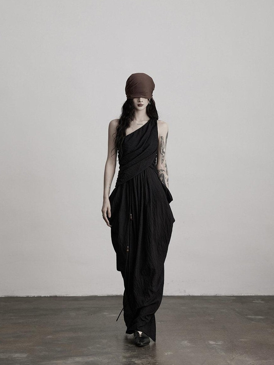INDULGE Elegant Asymmetrical Fairy Silhouette Natural Waist Black Casual Maxi Dresses