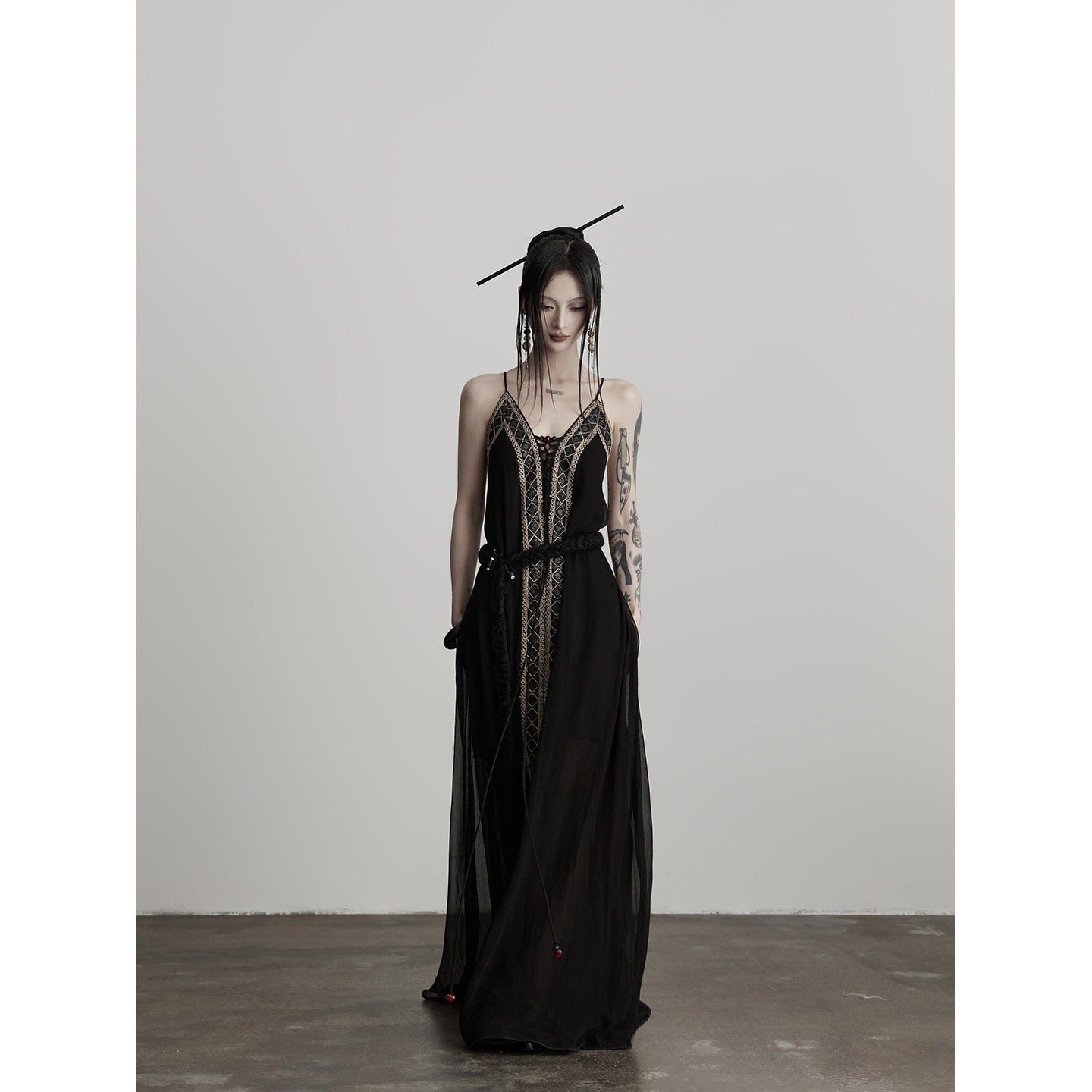 INDULGE Elegant Lace Viscose H Line Short Sleeve Casual Women Black Slip Maxi Dresses