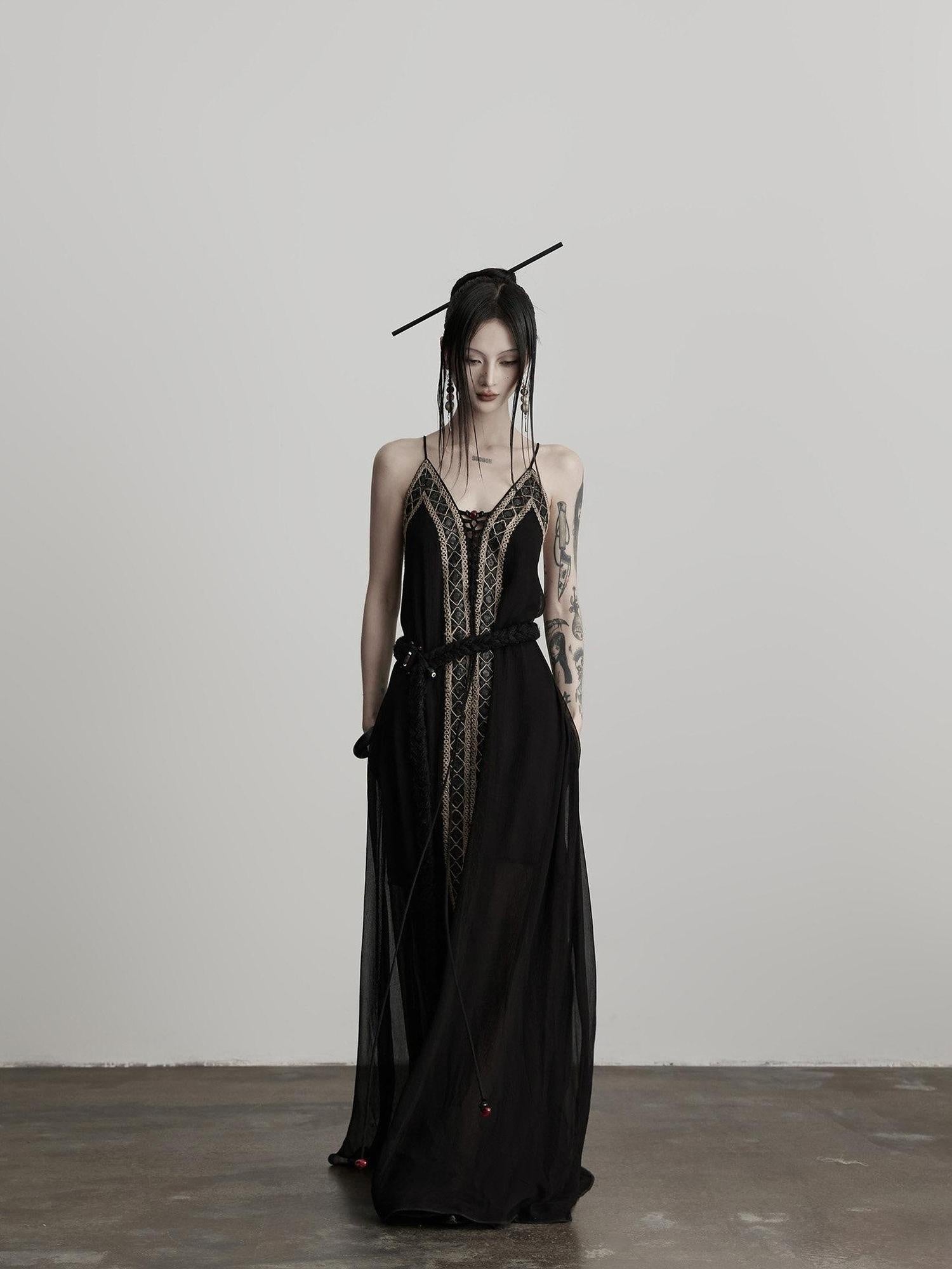 INDULGE Elegant Lace Viscose H Line Short Sleeve Casual Women Black Slip Maxi Dresses