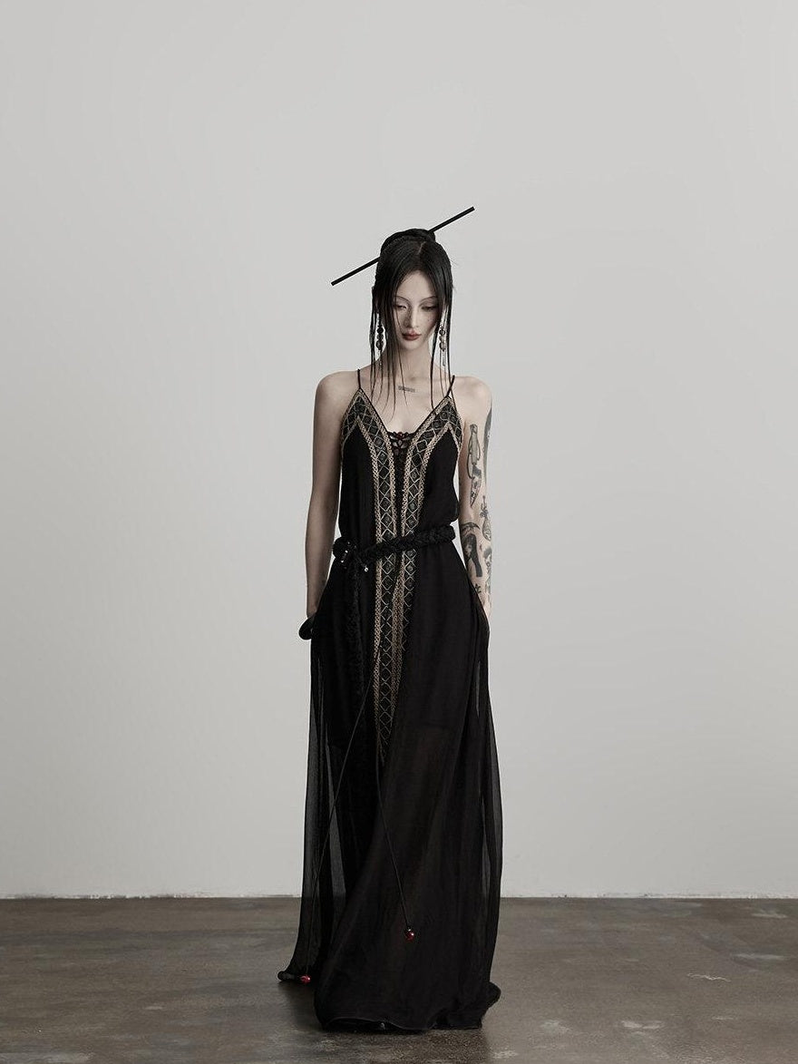 INDULGE Elegant Lace Viscose H Line Short Sleeve Casual Women Black Slip Maxi Dresses