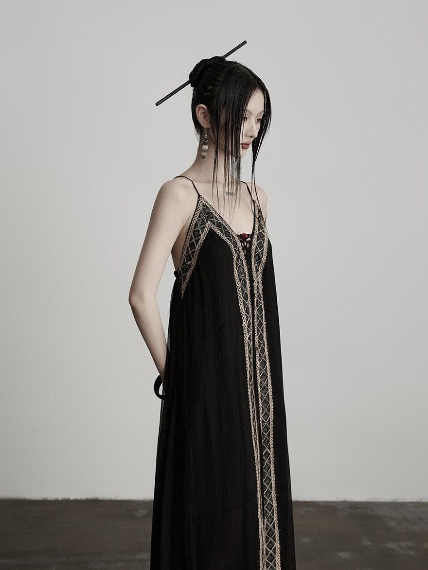 INDULGE Elegant Lace Viscose H Line Short Sleeve Casual Women Black Slip Maxi Dresses