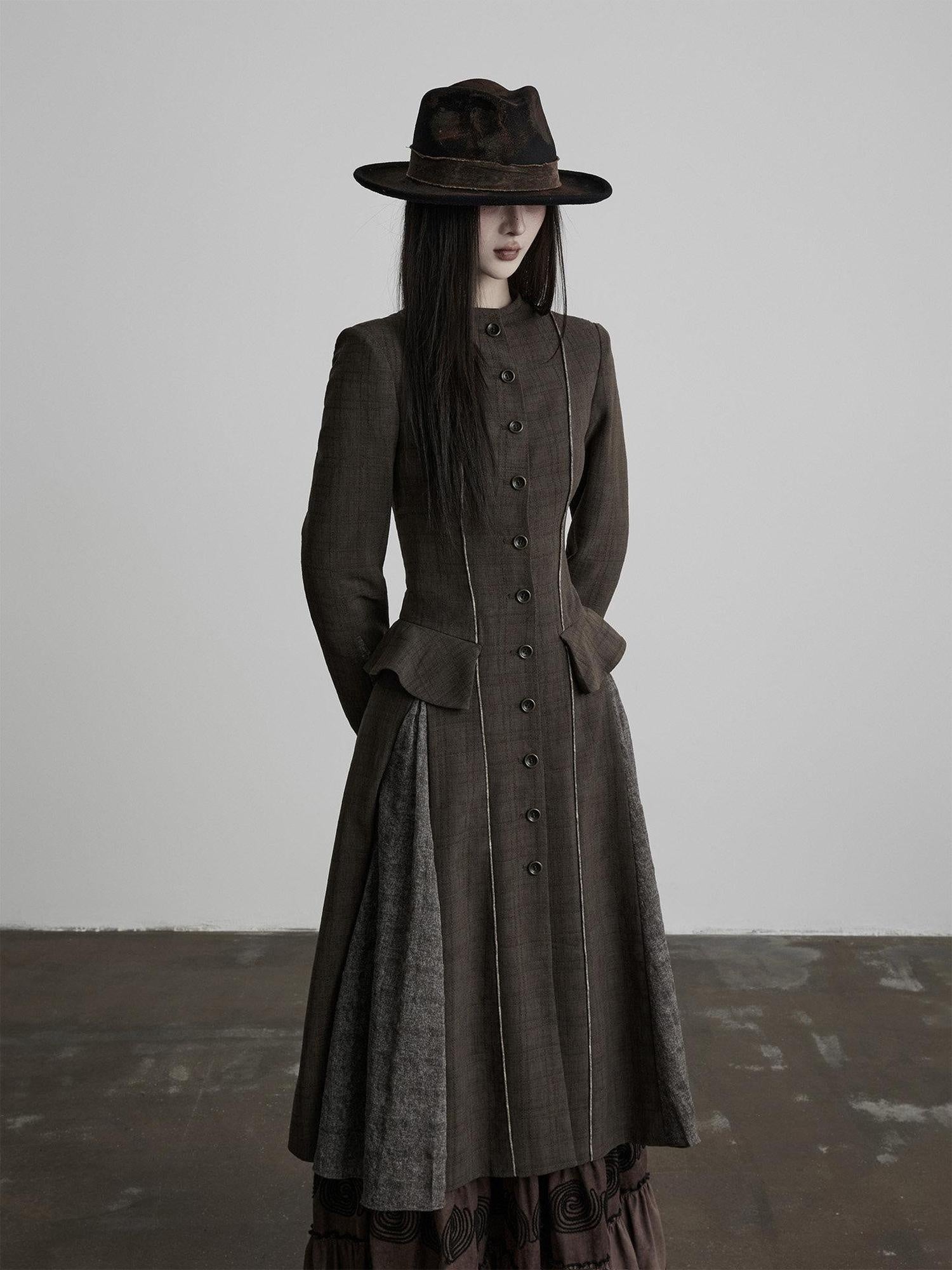 INDULGE Elegant Patchwork Midlength Roundneck Women Moss Green Trench Coats