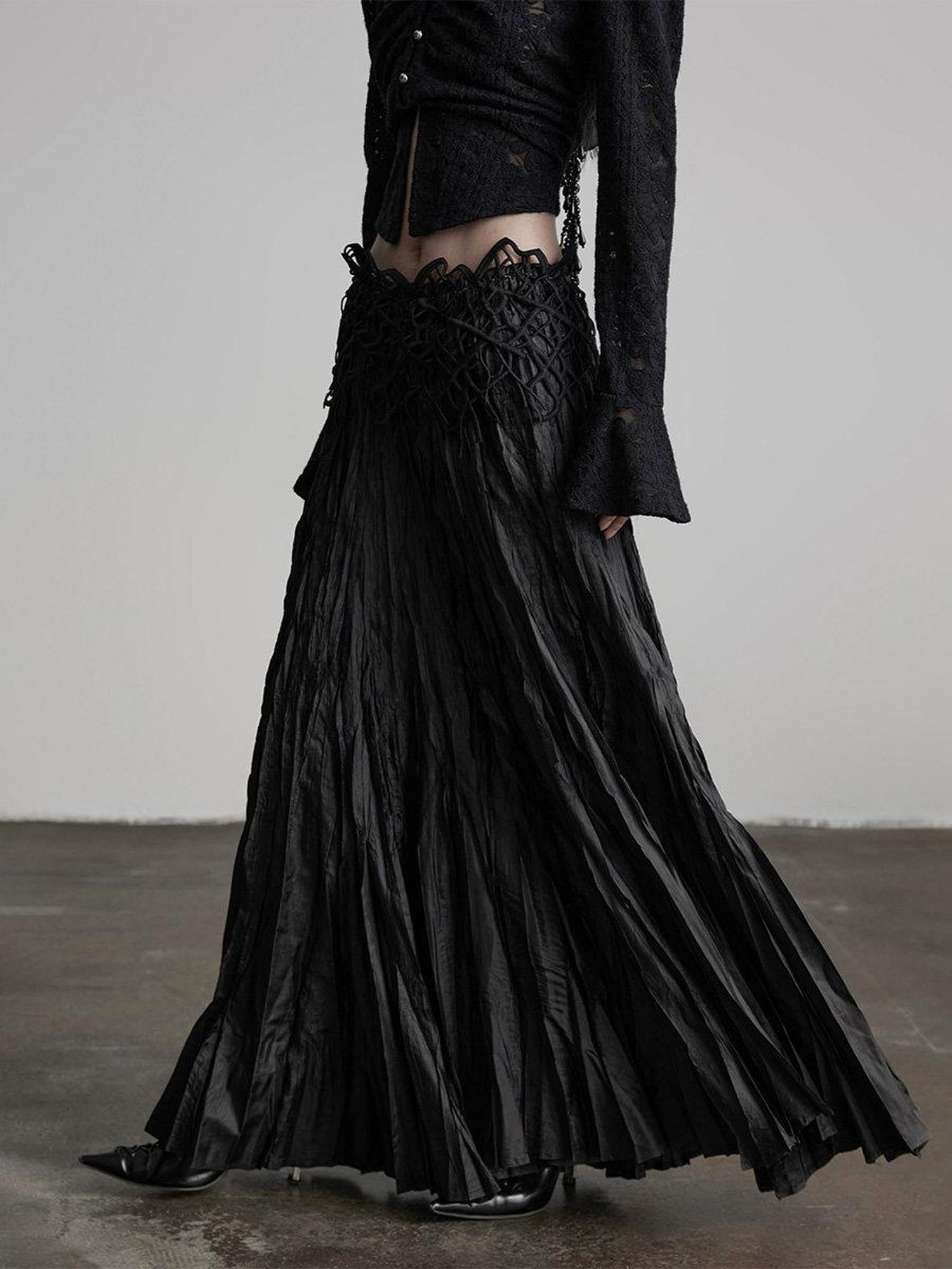 INDULGE Elegant Pleated A Line Mid Waist Polyester Commuter Black Maxi Skirts