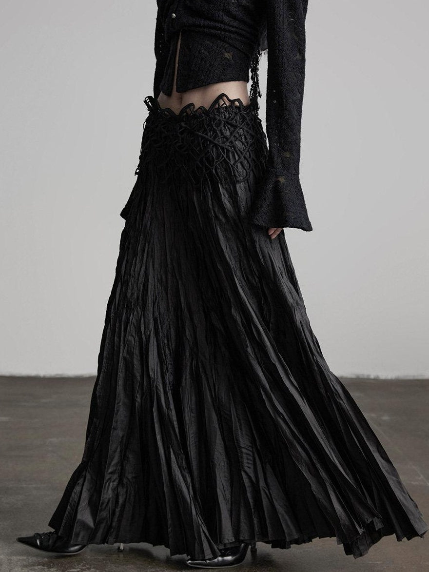 INDULGE Elegant Pleated A Line Mid Waist Polyester Commuter Black Maxi Skirts
