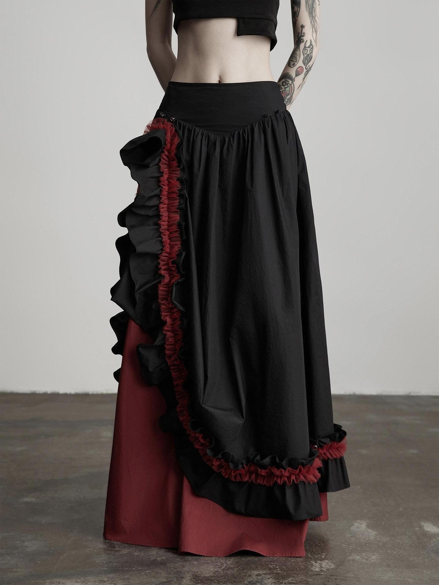 INDULGE Elegant Ruffle A Line Mid Rise Cotton Loose Casual Women Maxi Skirts