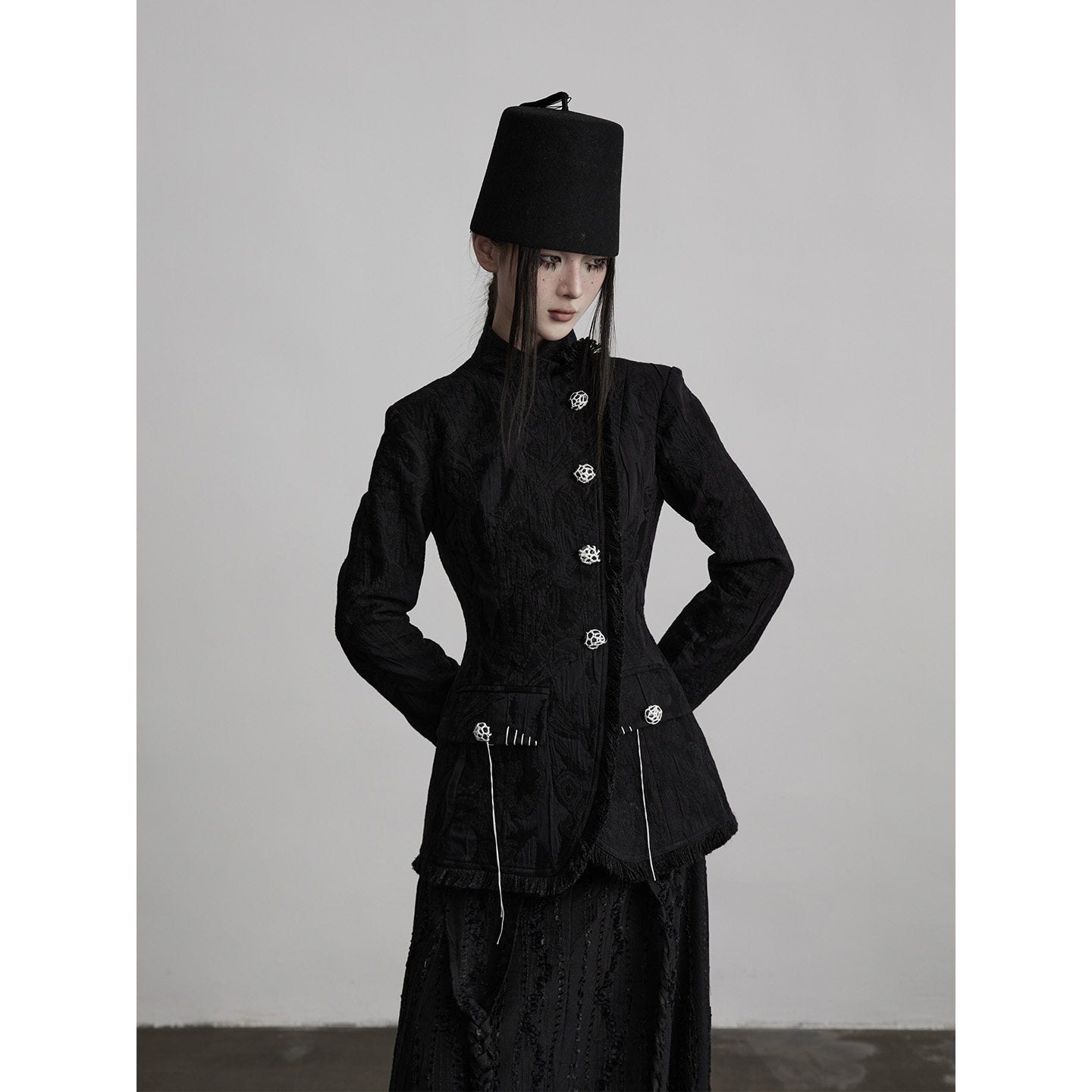 INDULGE Elegant Slim Waist Stand Collar Single Breasted Black Viscose Women Blazers