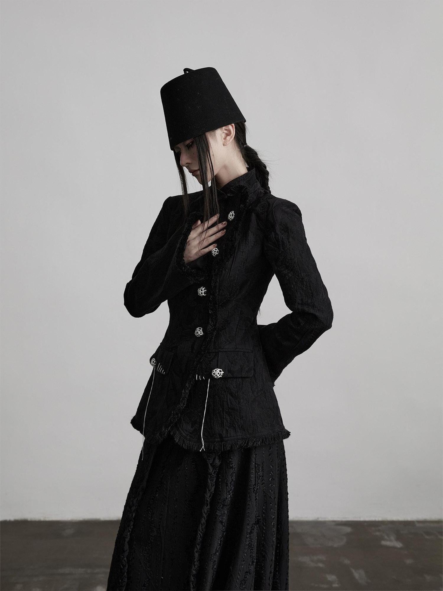 INDULGE Elegant Slim Waist Stand Collar Single Breasted Black Viscose Women Blazers