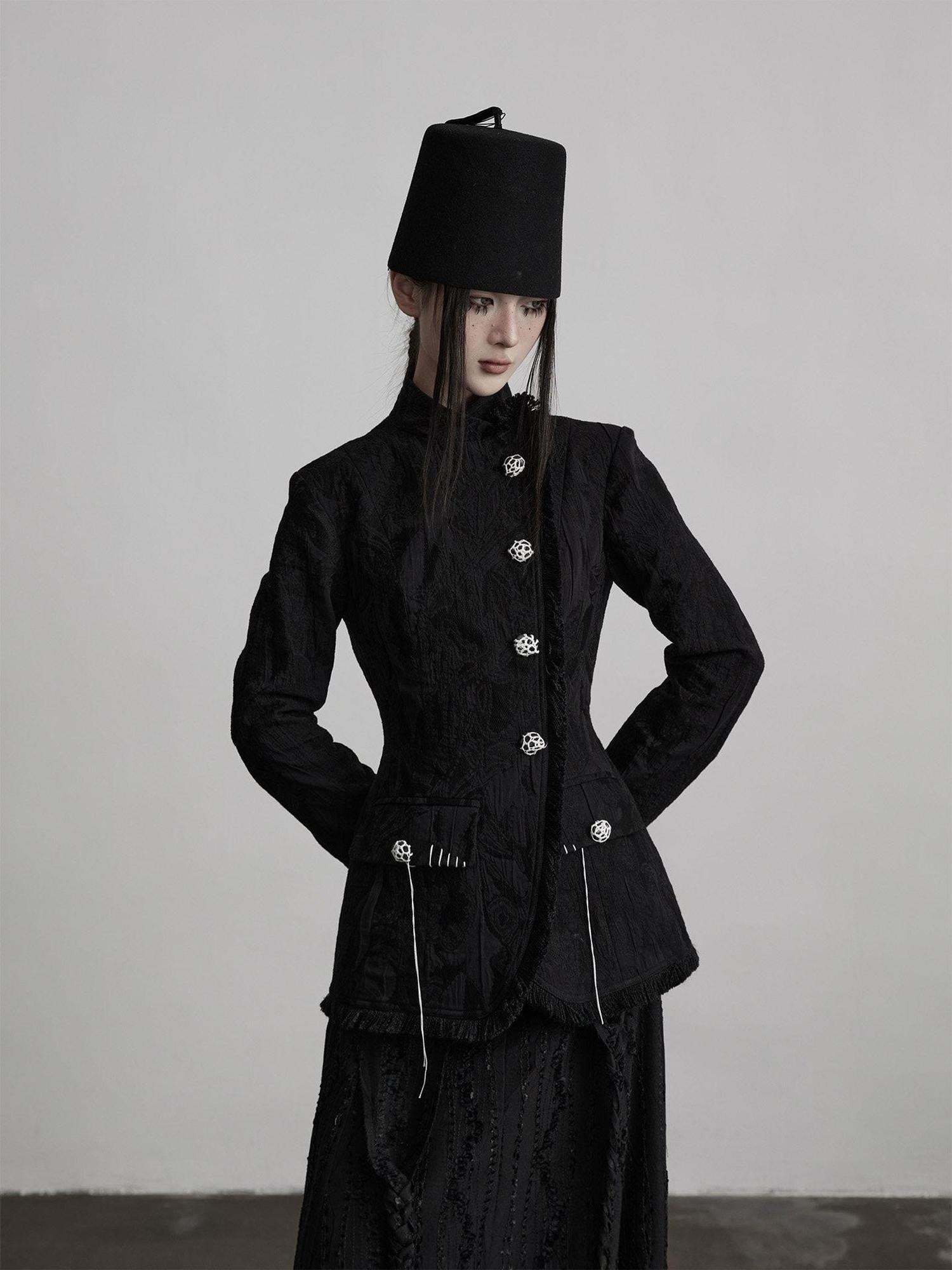 INDULGE Elegant Slim Waist Stand Collar Single Breasted Black Viscose Women Blazers