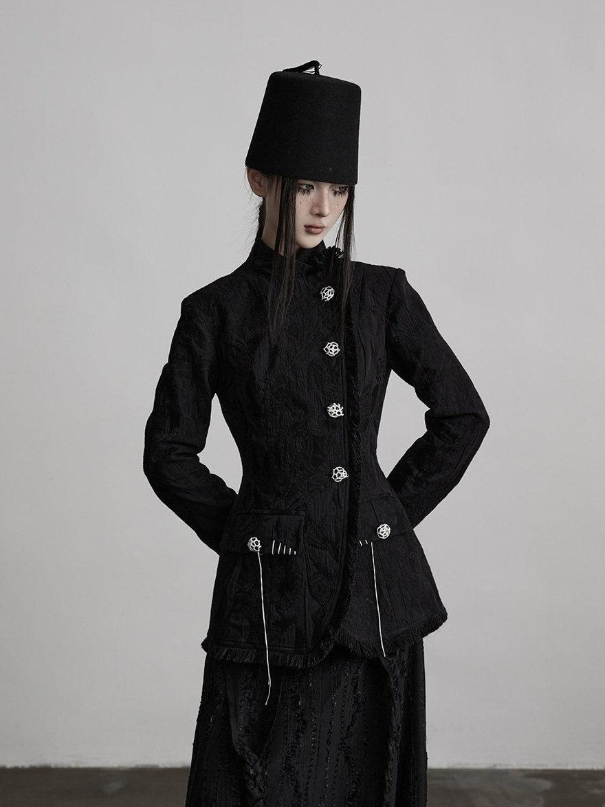 INDULGE Elegant Slim Waist Stand Collar Single Breasted Black Viscose Women Blazers