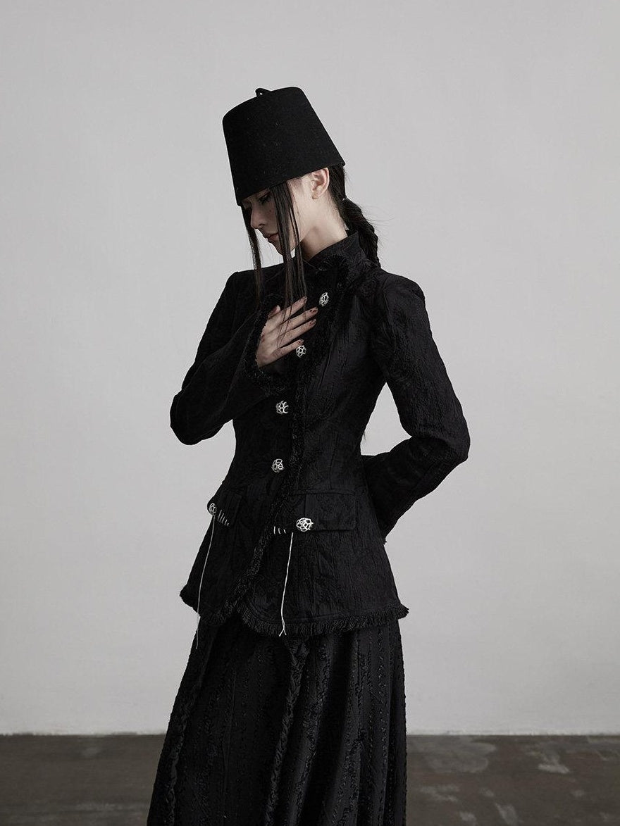 INDULGE Elegant Slim Waist Stand Collar Single Breasted Black Viscose Women Blazers