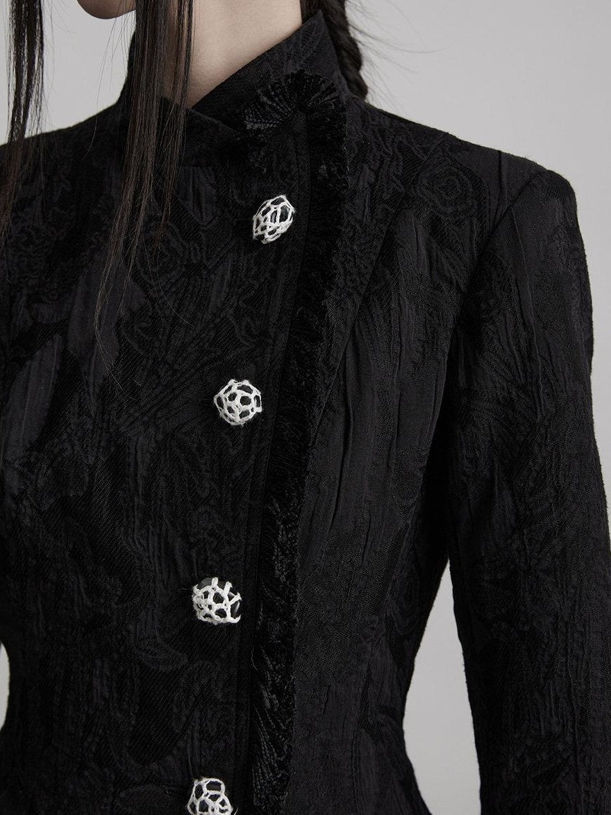 INDULGE Elegant Slim Waist Stand Collar Single Breasted Black Viscose Women Blazers
