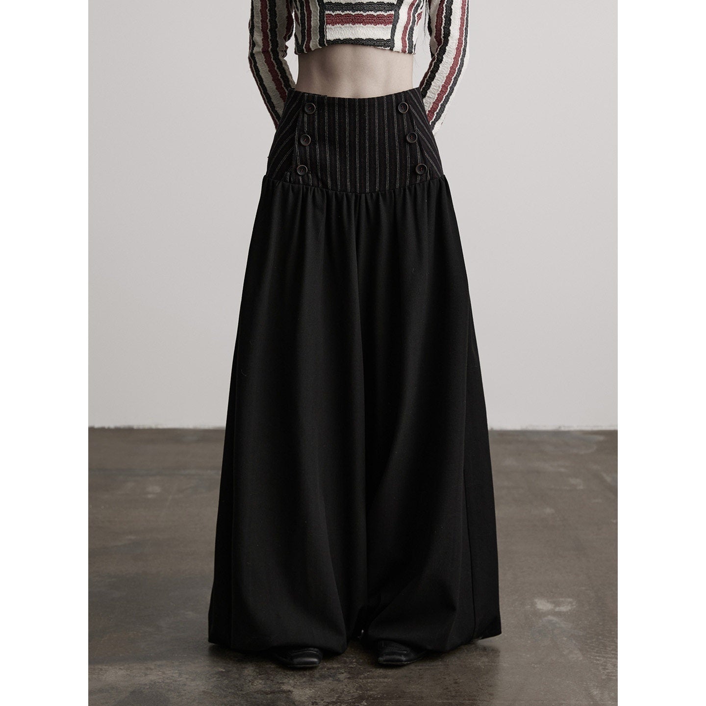 INDULGE Elegant Victorian Striped Button Natural Waist Flared Women Wide-Leg Pants