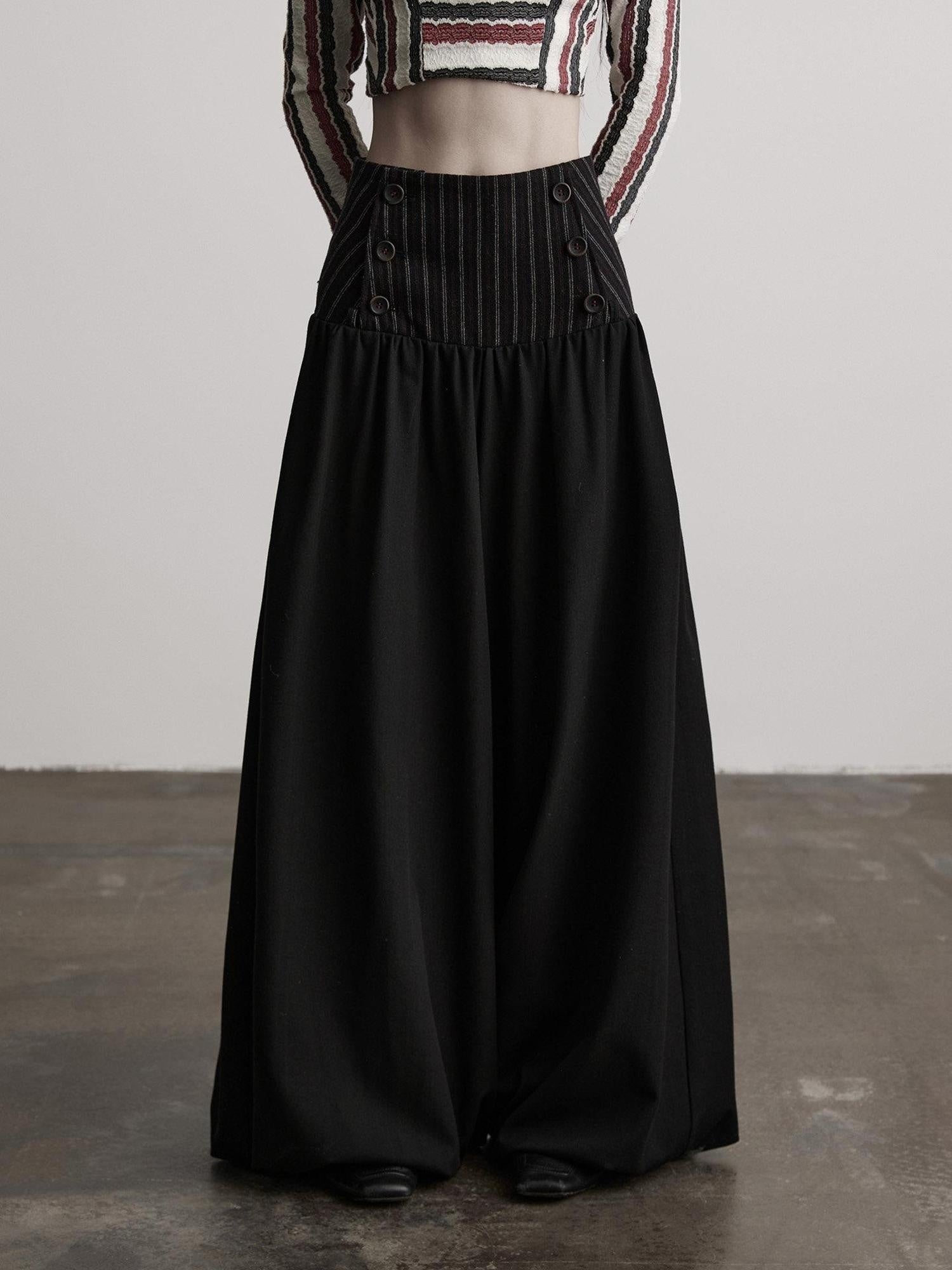 INDULGE Elegant Victorian Striped Button Natural Waist Flared Women Wide-Leg Pants