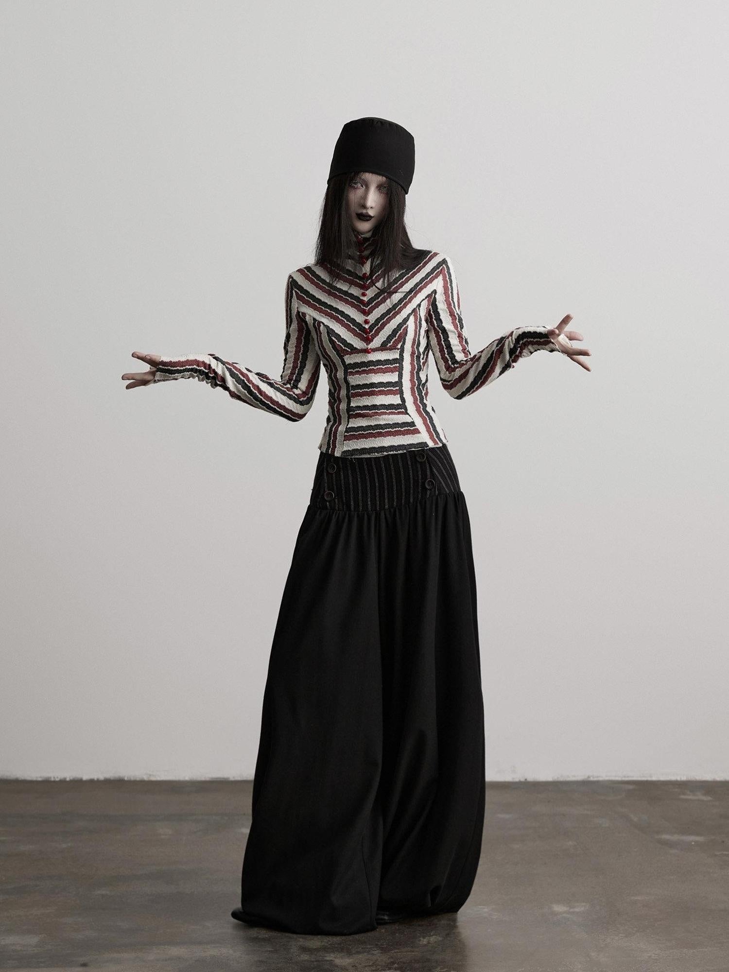 INDULGE Elegant Victorian Striped Button Natural Waist Flared Women Wide-Leg Pants