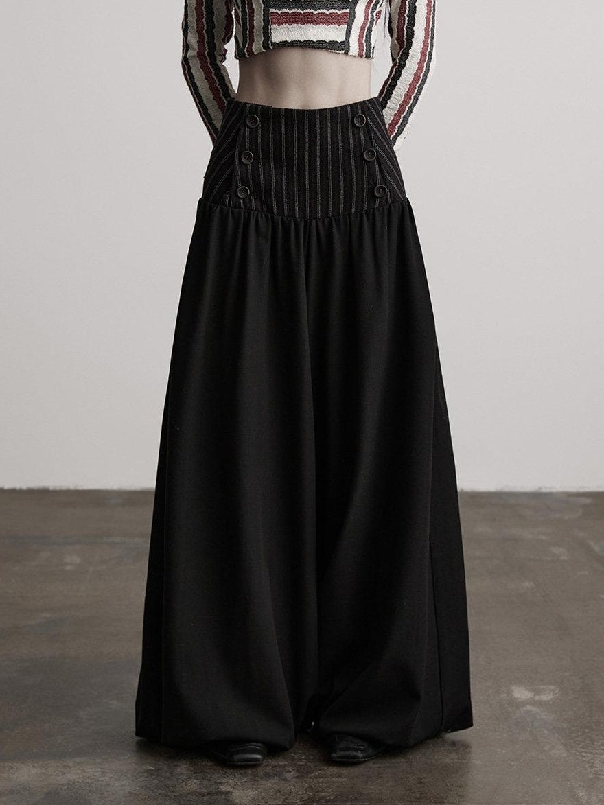 INDULGE Elegant Victorian Striped Button Natural Waist Flared Women Wide-Leg Pants