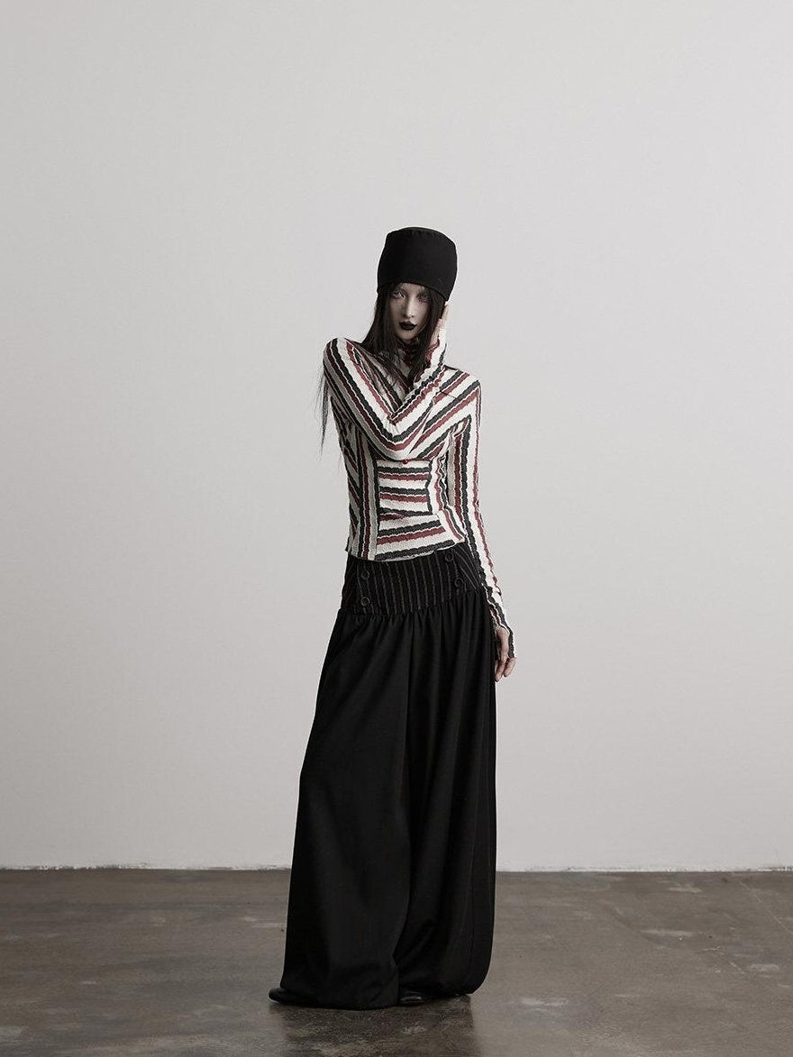 INDULGE Elegant Victorian Striped Button Natural Waist Flared Women Wide-Leg Pants
