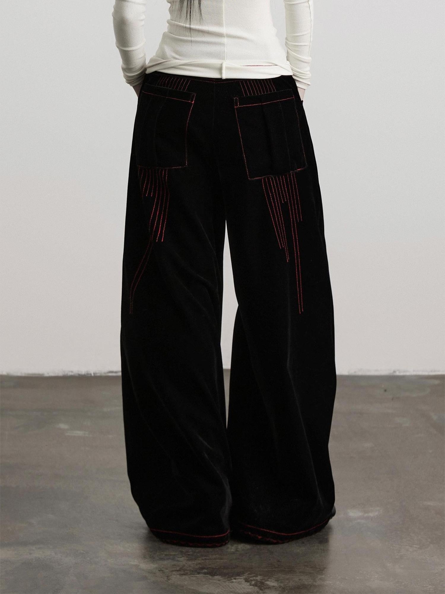 INDULGE Embroidered Pocket High Waist Nylon 3D Tailored Women Black Wide-Leg Pants