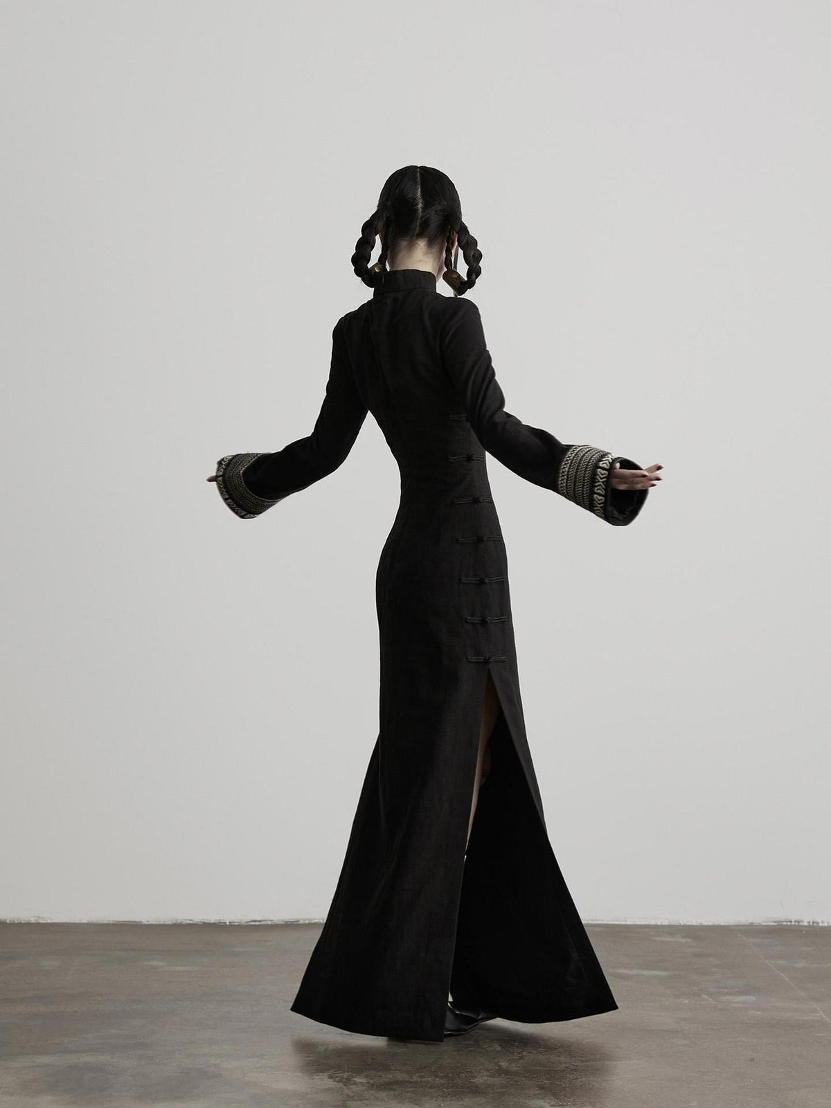 INDULGE Embroidered Stand Collar High Slit Fitted Waist Women&