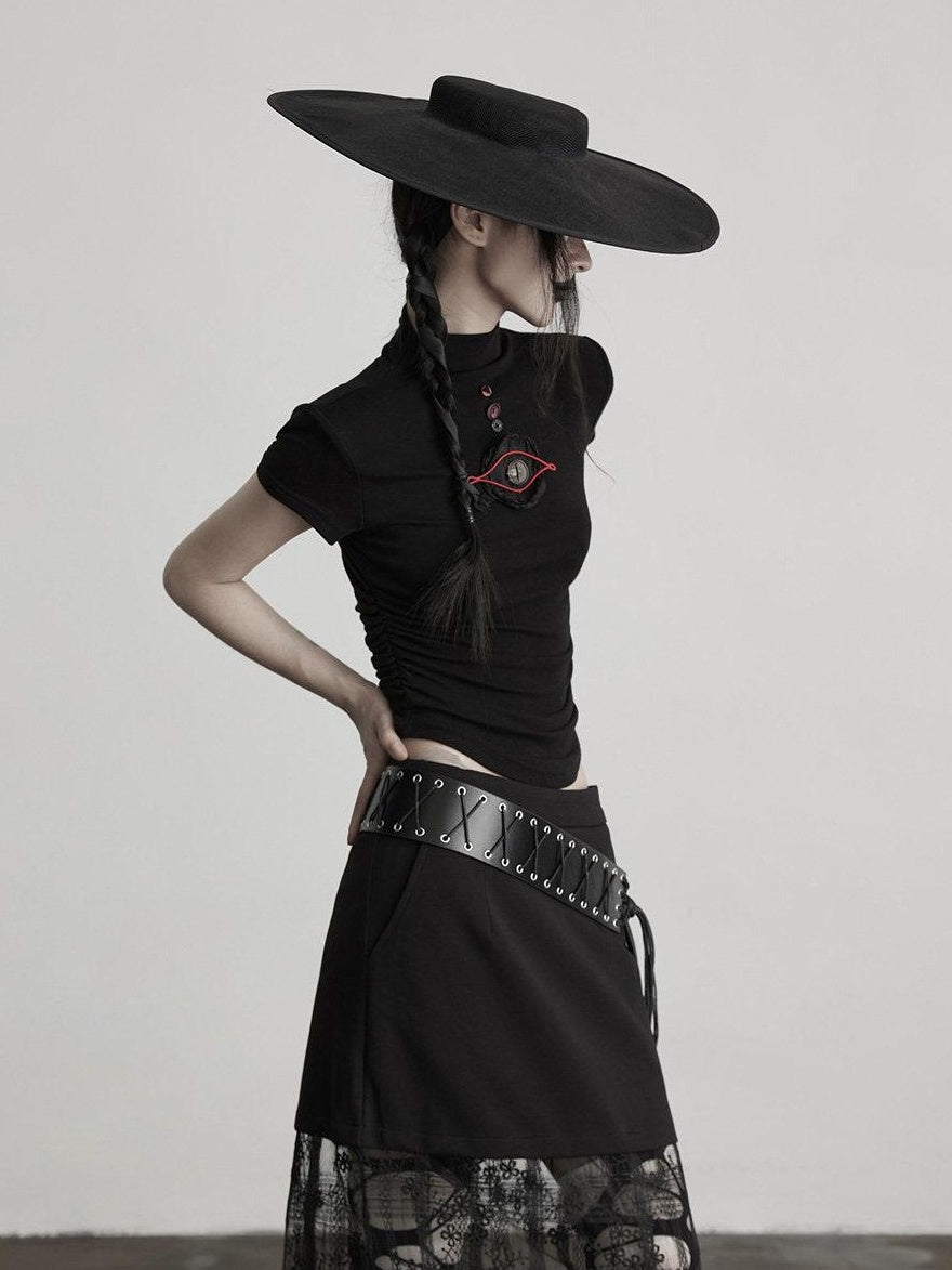 INDULGE Embroidered Wool Blend Slim Fit Edgy Mock Neck Shortsleeve Black Women Crop Tops