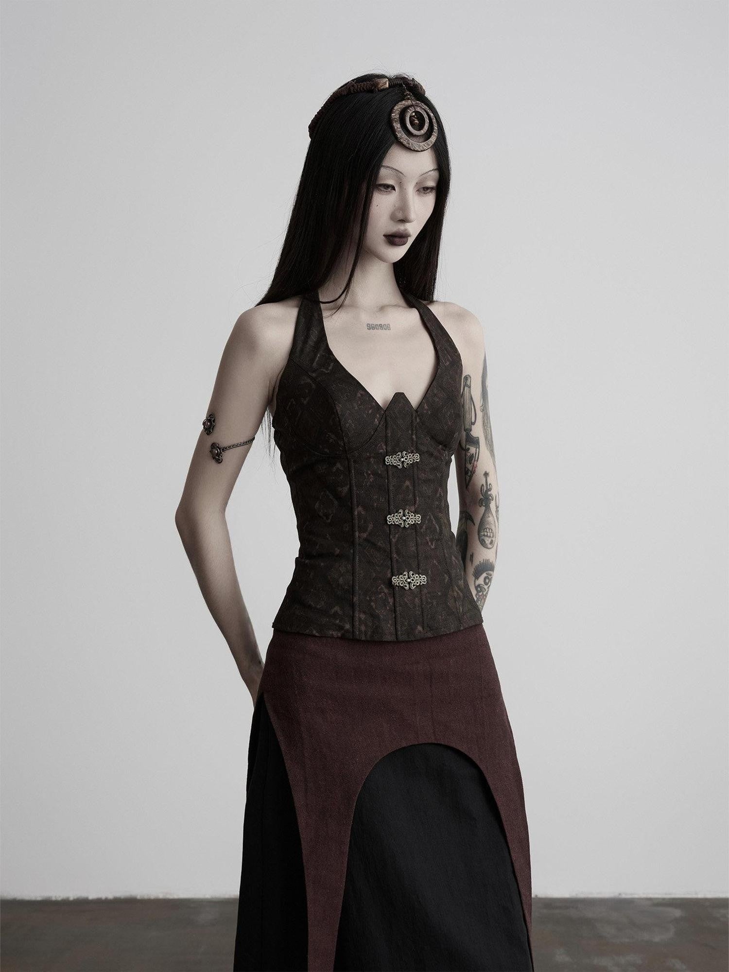 INDULGE European Court 3d Cut Tie Halter V-neck Women&