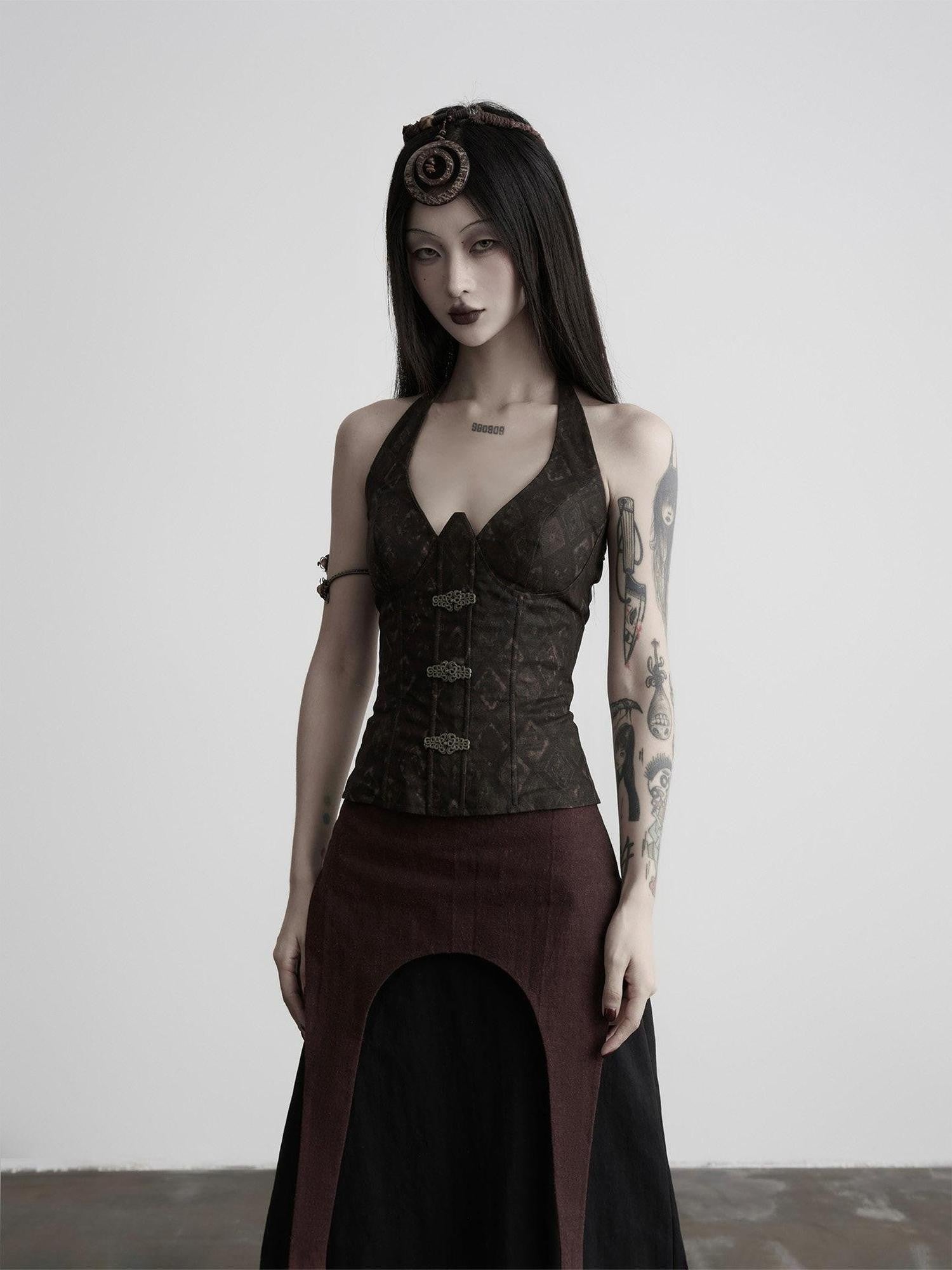 INDULGE European Court 3d Cut Tie Halter V-neck Women&