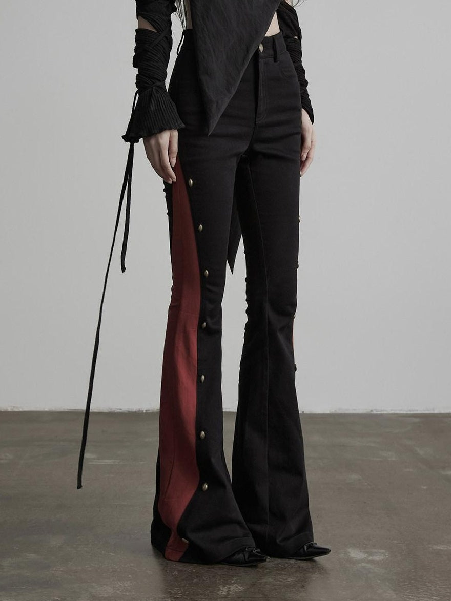 INDULGE Gothic Colorblock Patchwork Pocket Slim Waist Black Red Flare Pants