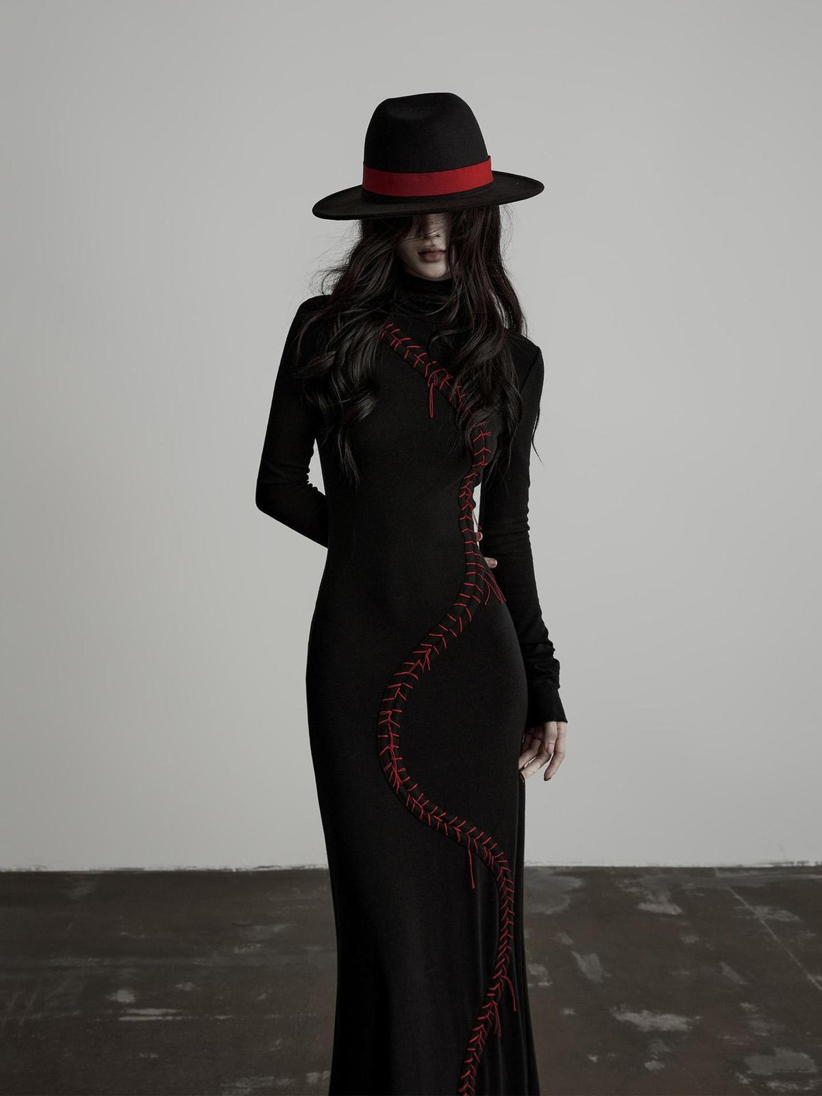 INDULGE Hand Stitched Waist Cinched High Neck Long Sleeve Women&
