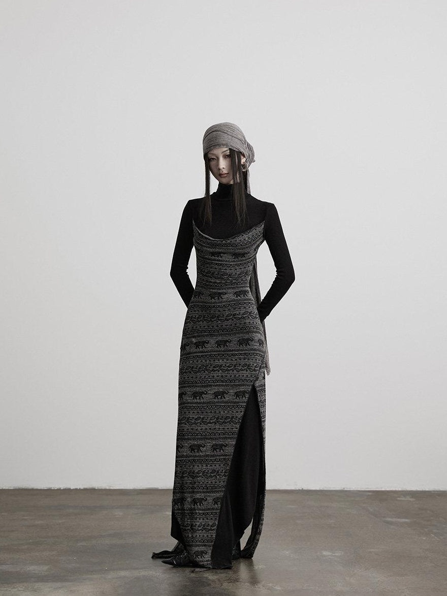 INDULGE High Stretch Asymmetric Cotton Casual Long Sleeve Slim Black Bodycon Maxi Dresses
