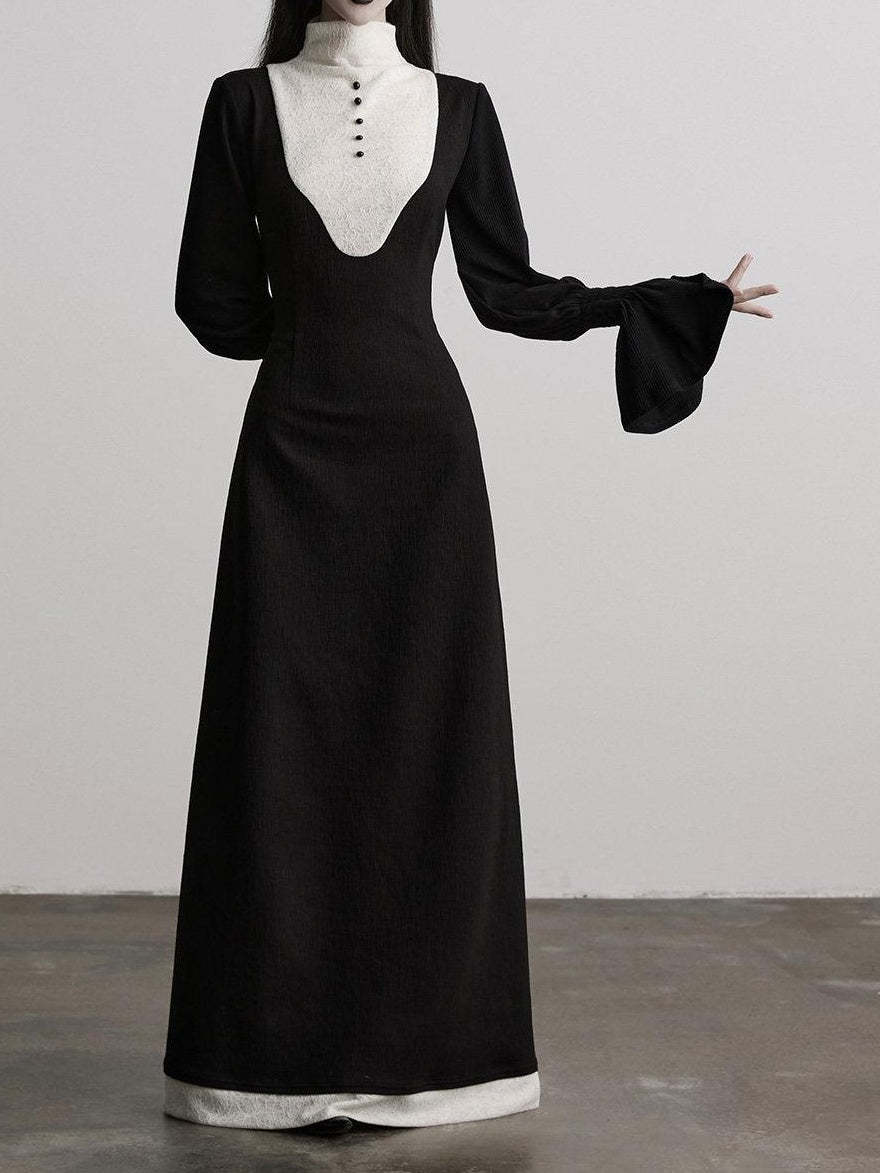 INDULGE High Stretch Cinched Waist Stand Collar Women Black White Bodycon Maxi Dresses