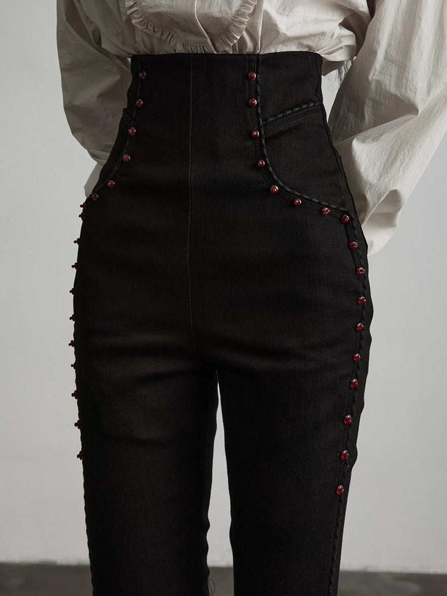 INDULGE High Stretch Non Iron Gothic Studded Skinny Natural Waist Women Black Slim Jeans