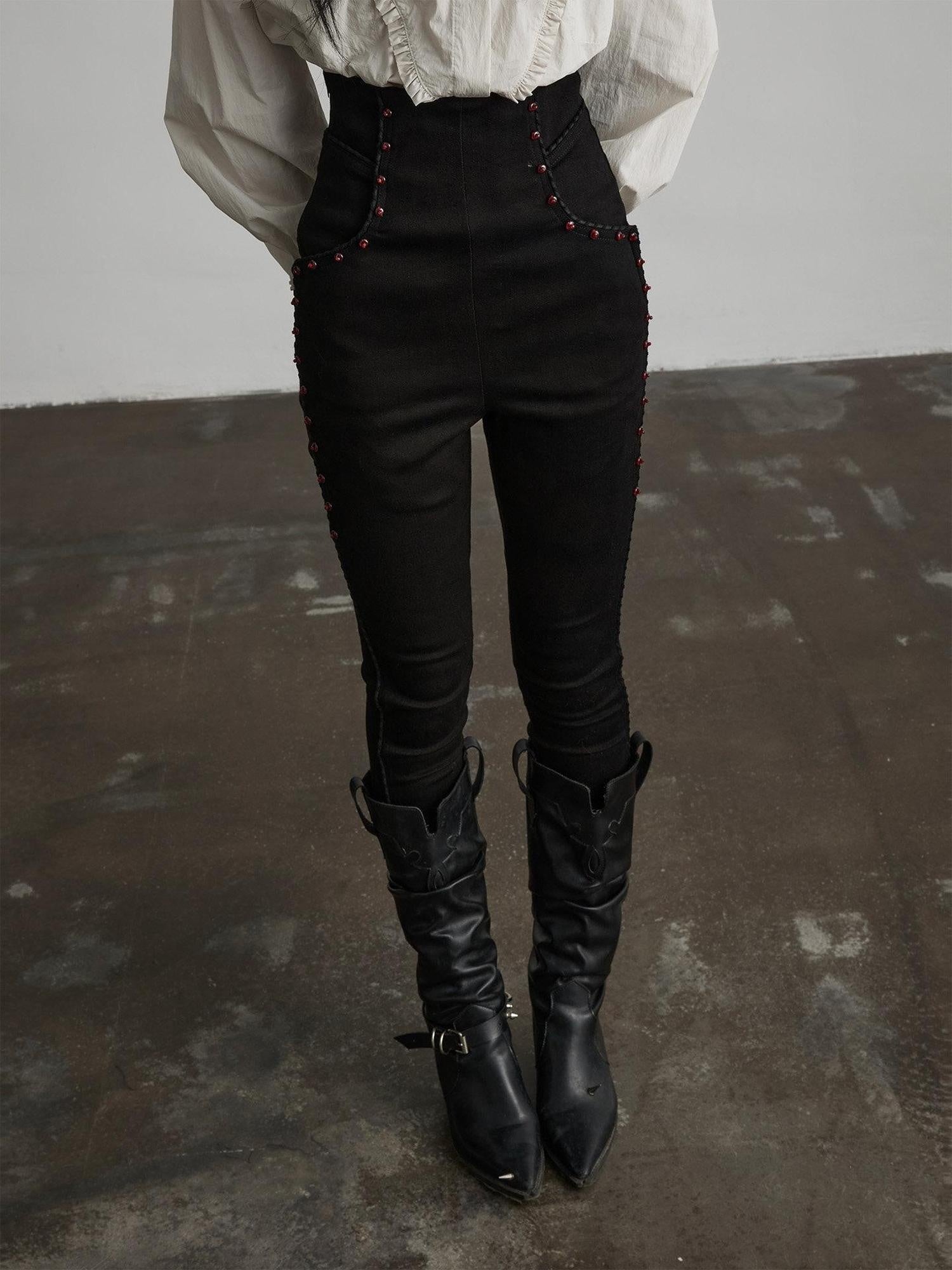 INDULGE High Stretch Non Iron Gothic Studded Skinny Natural Waist Women Black Slim Jeans