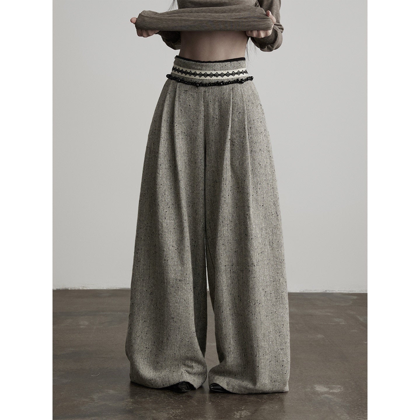 INDULGE High Waist Wool Blend Elastic Waist Pocket Casual Women Gray Wide-Leg Pants