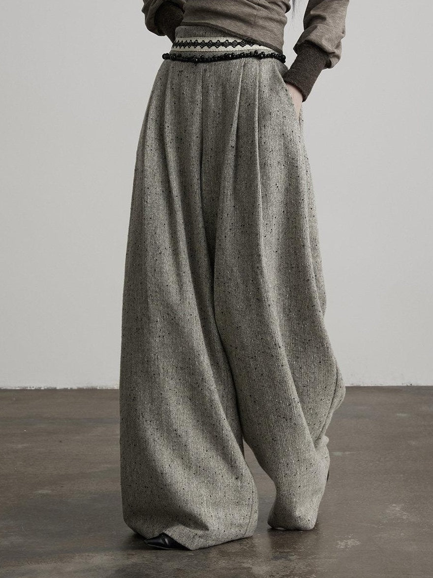INDULGE High Waist Wool Blend Elastic Waist Pocket Casual Women Gray Wide-Leg Pants