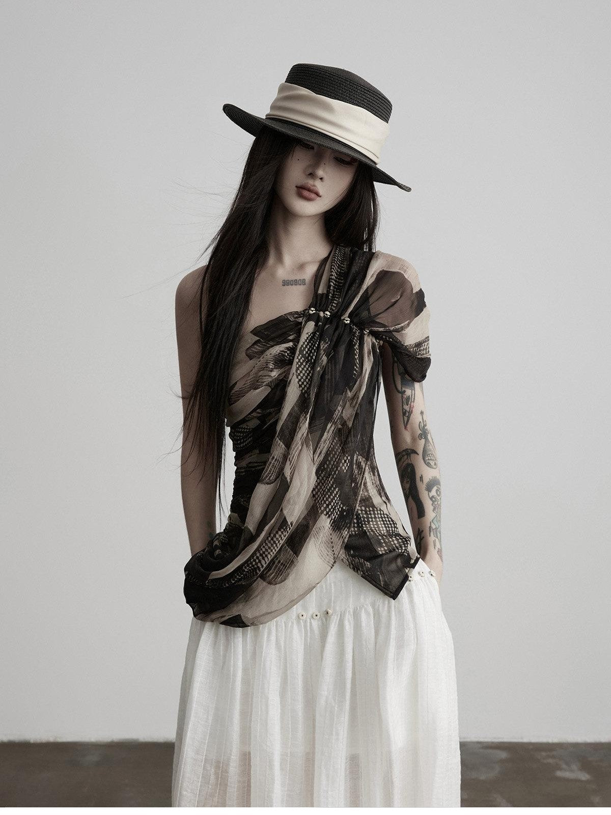 INDULGE Ink Wash Asymmetric Ruched One Shoulder Waist Women&