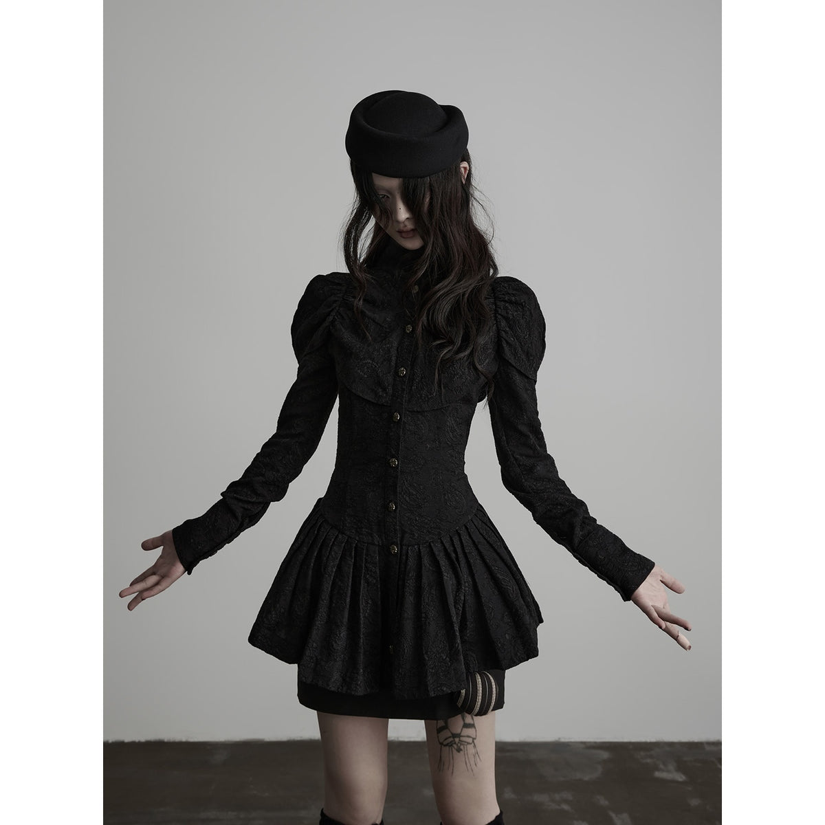 INDULGE_Jacquard_Pleated_Cinched_Waist_Long_Sleeve_High_Neck_Women&