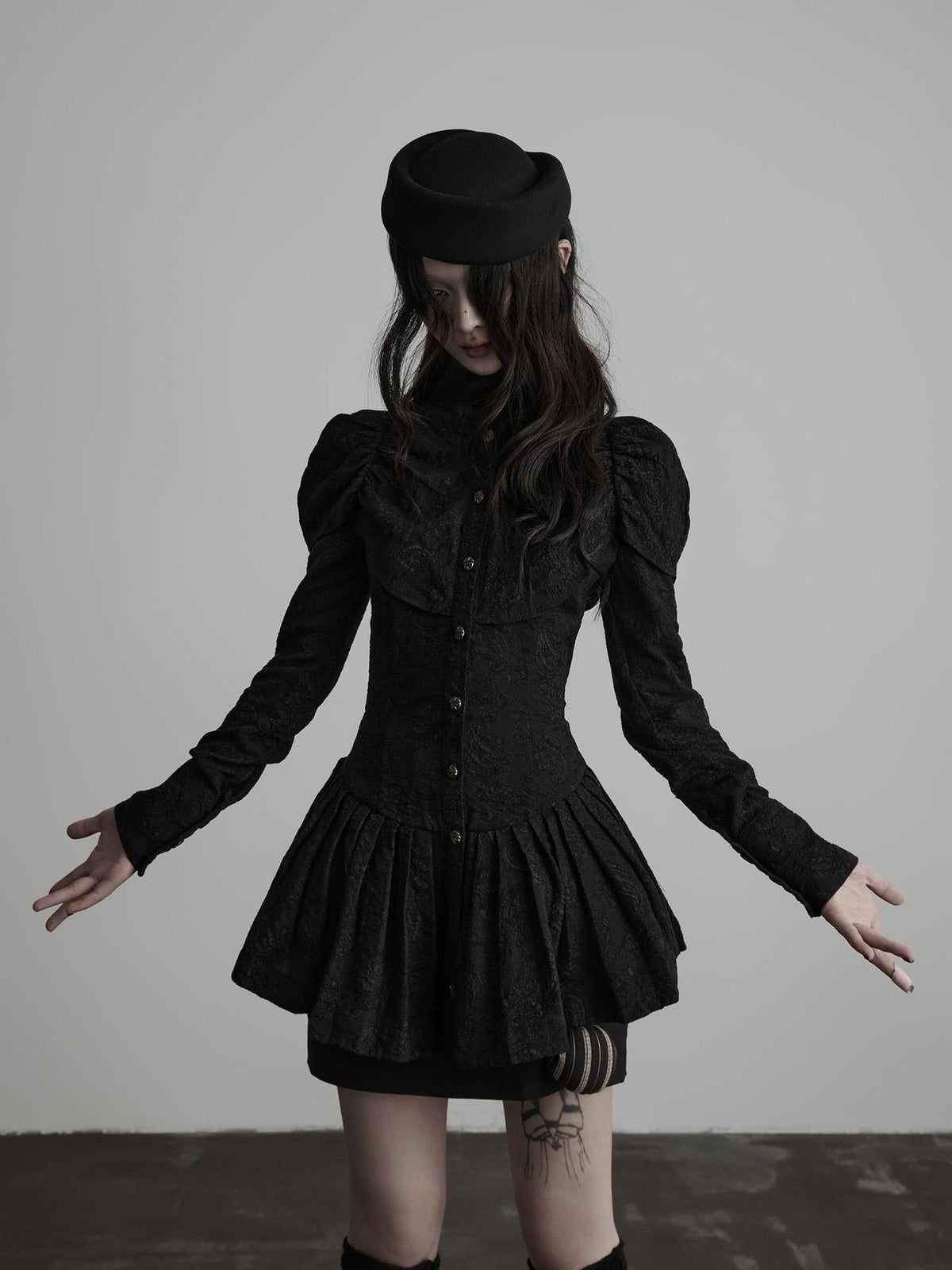 INDULGE Jacquard Pleated Cinched Waist Long Sleeve High Neck Women&