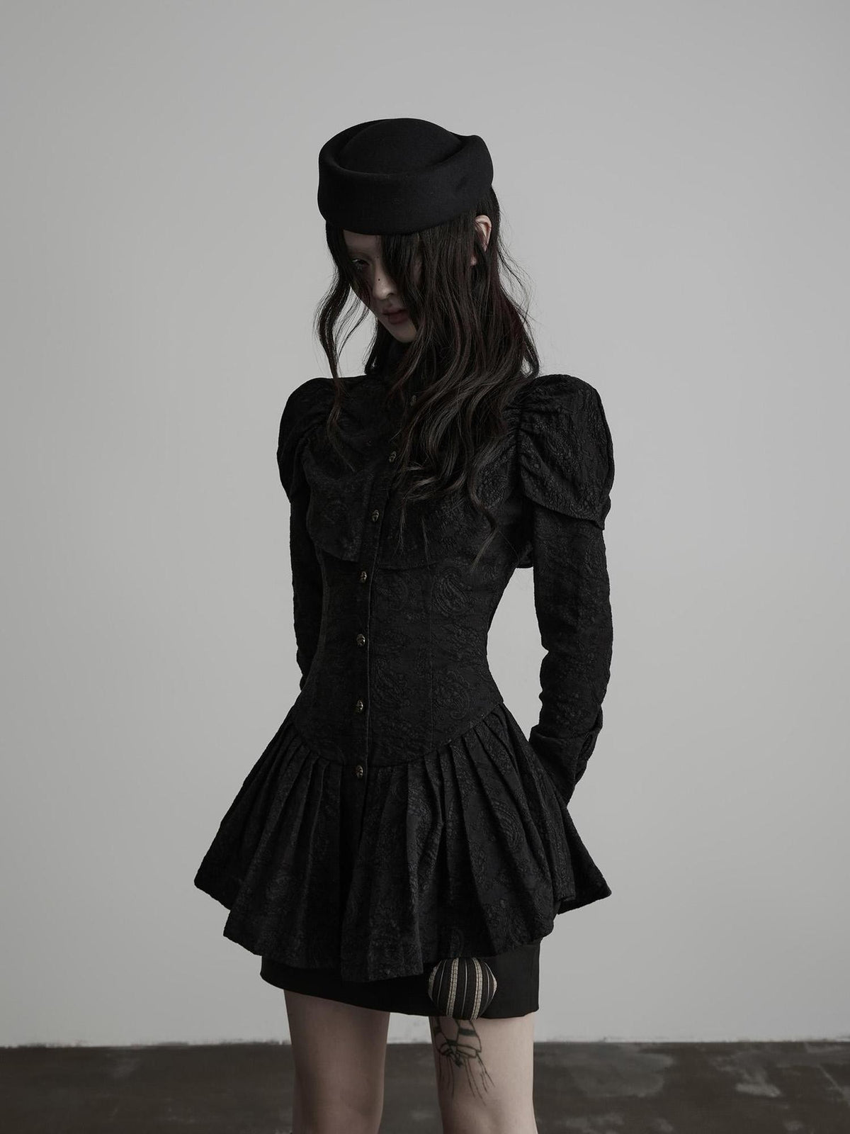 INDULGE Jacquard Pleated Cinched Waist Long Sleeve High Neck Women&