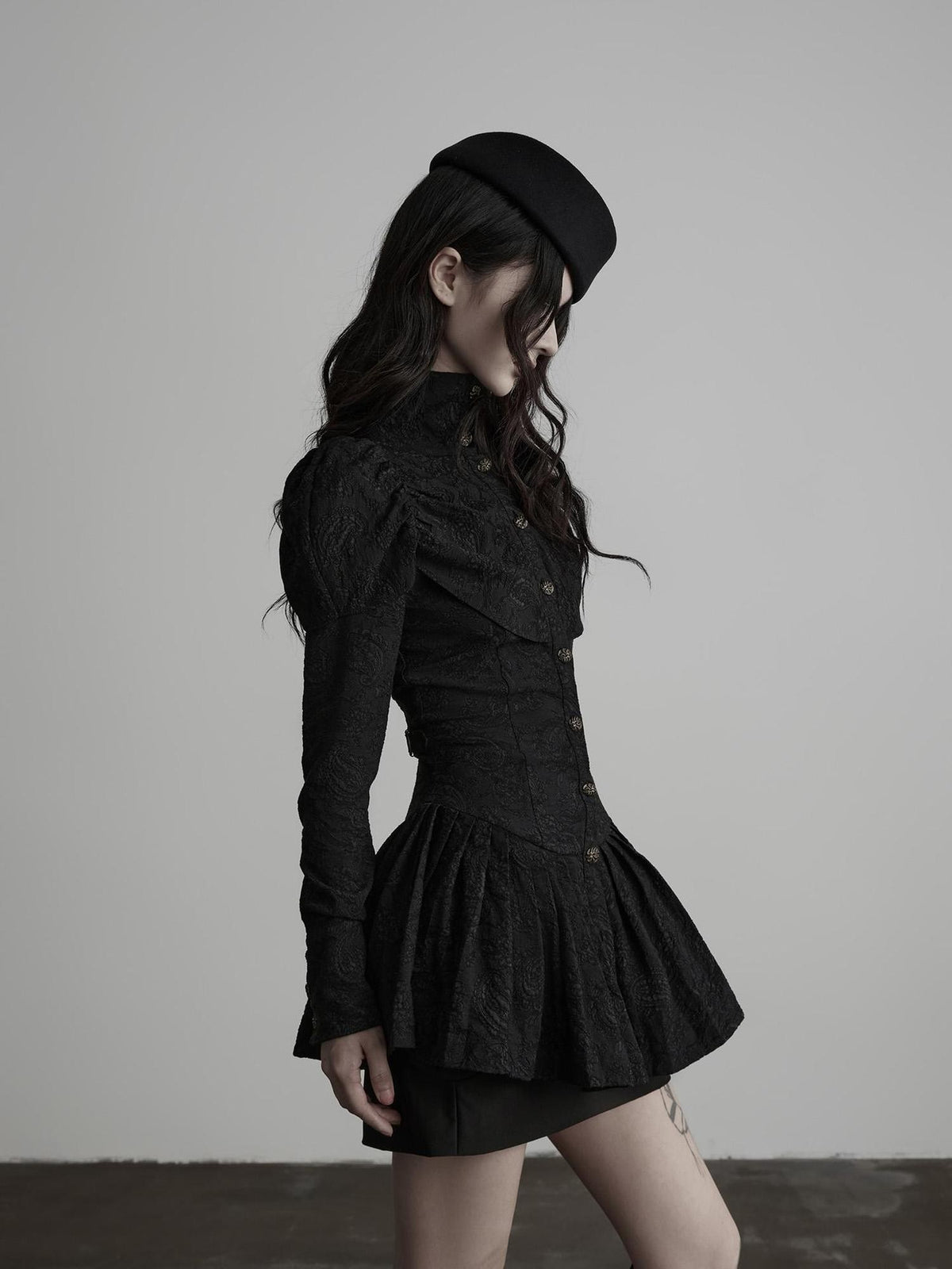 INDULGE Jacquard Pleated Cinched Waist Long Sleeve High Neck Women&