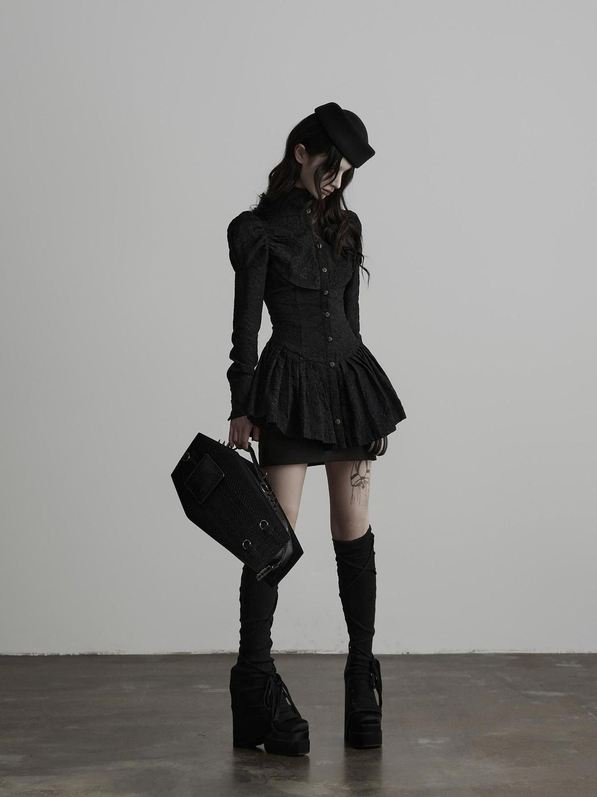INDULGE Jacquard Pleated Cinched Waist Long Sleeve High Neck Women&