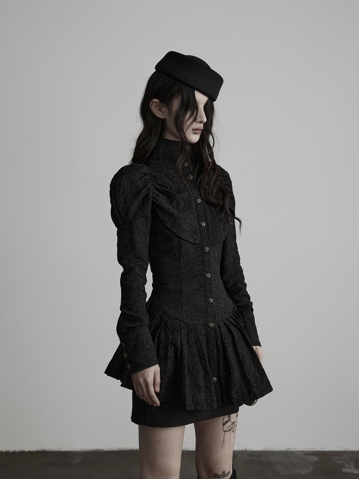 INDULGE Jacquard Pleated Cinched Waist Long Sleeve High Neck Women&