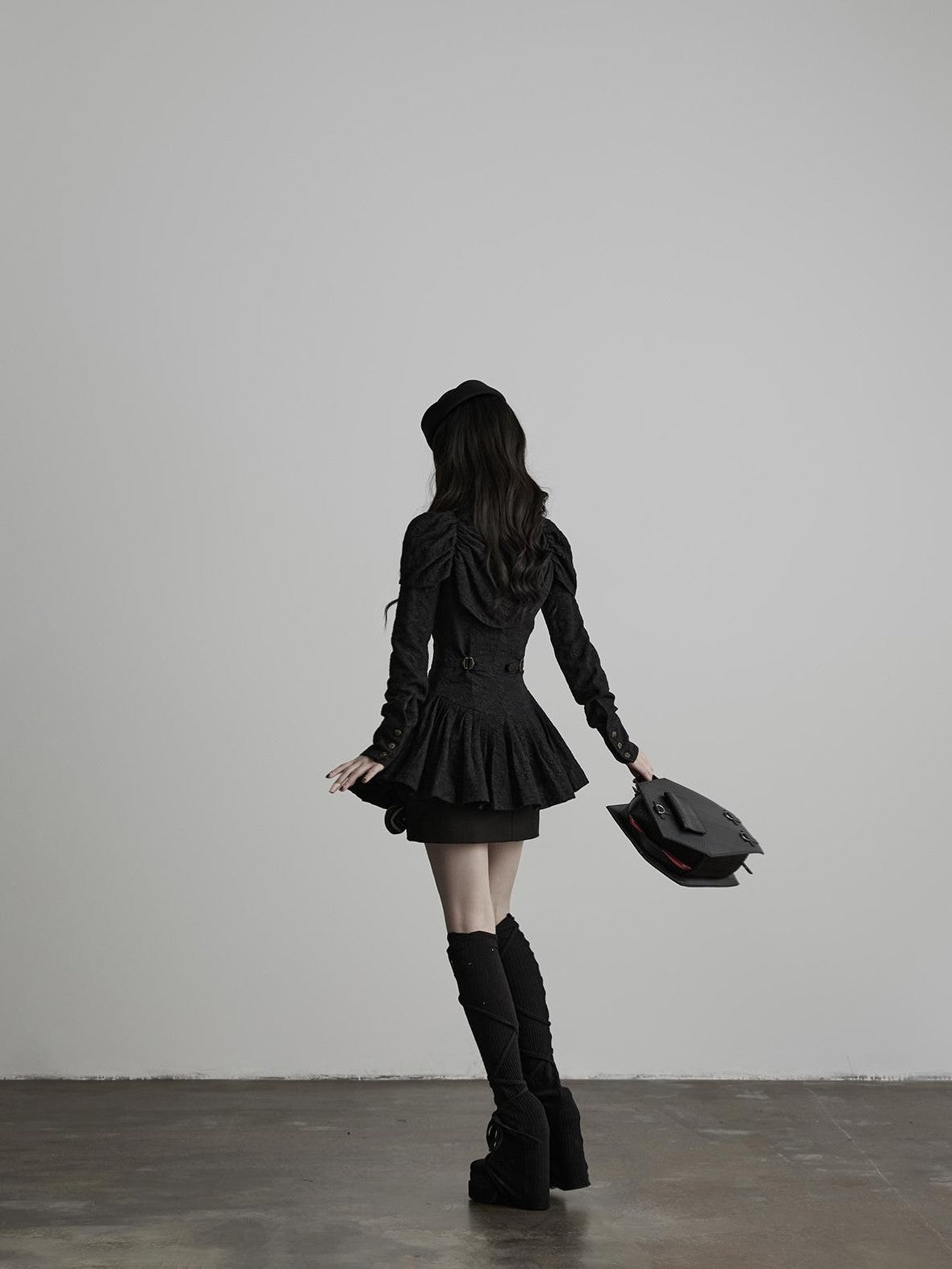 INDULGE Jacquard Pleated Cinched Waist Long Sleeve High Neck Women&