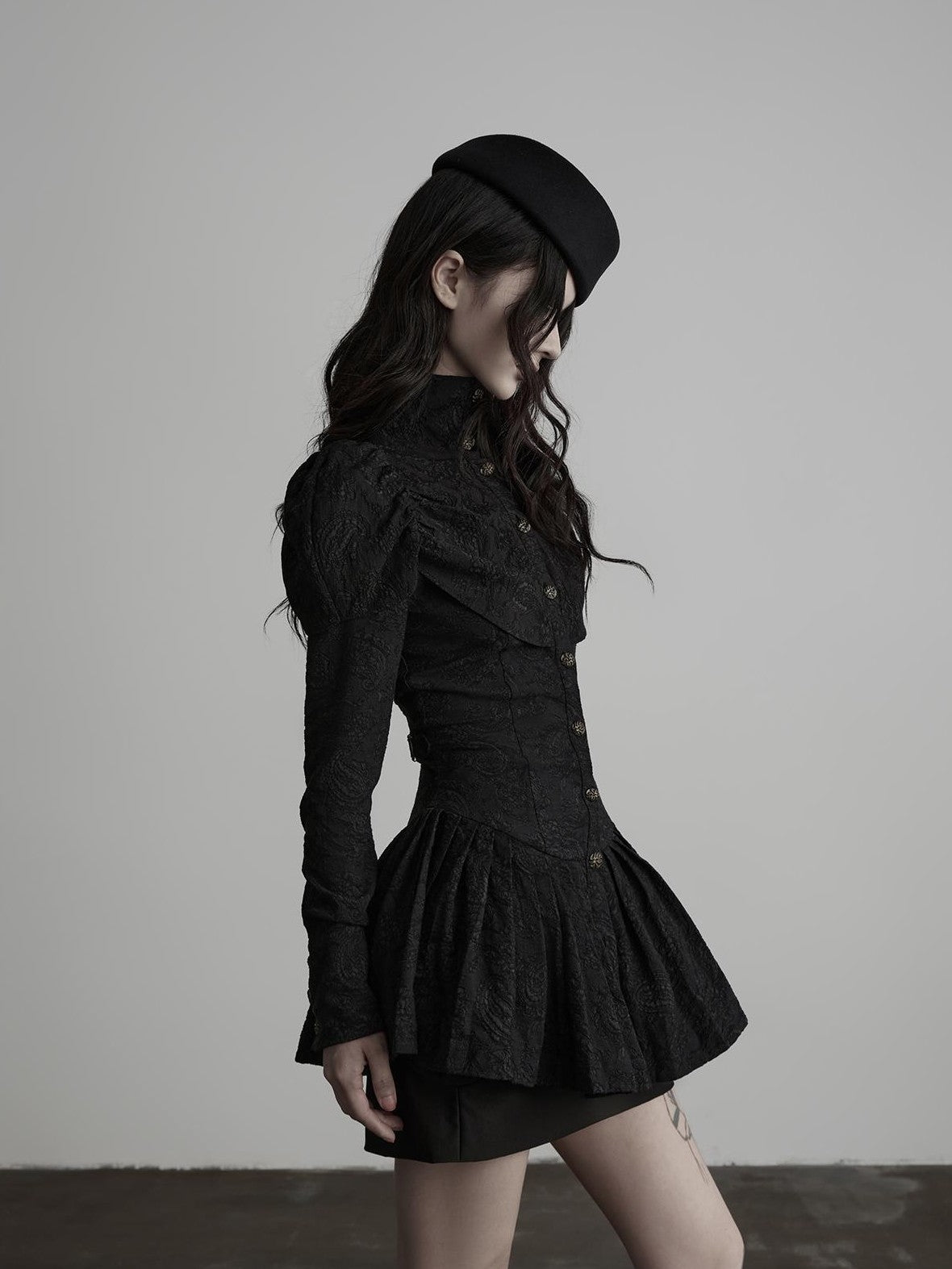 INDULGE Jacquard Pleated Cinched Waist Long Sleeve High Neck Women&