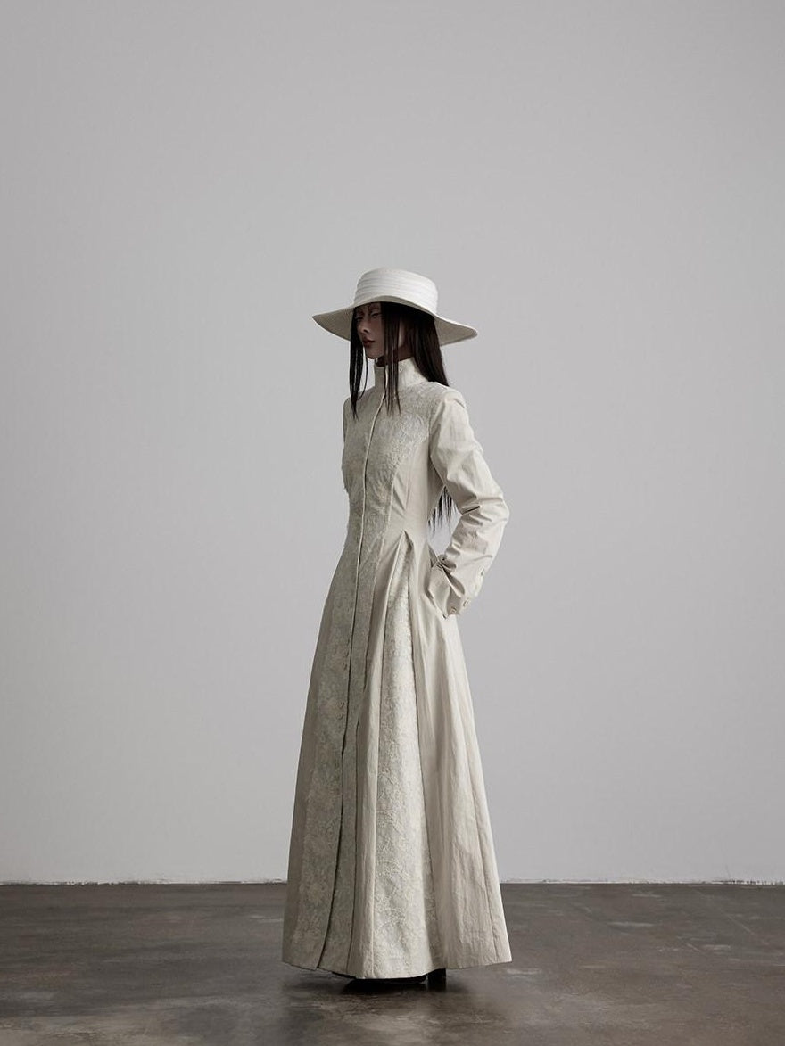 INDULGE Lace Court Style Fitted Waist Long Stand Collar Women Light Oatmeal Trench Coats
