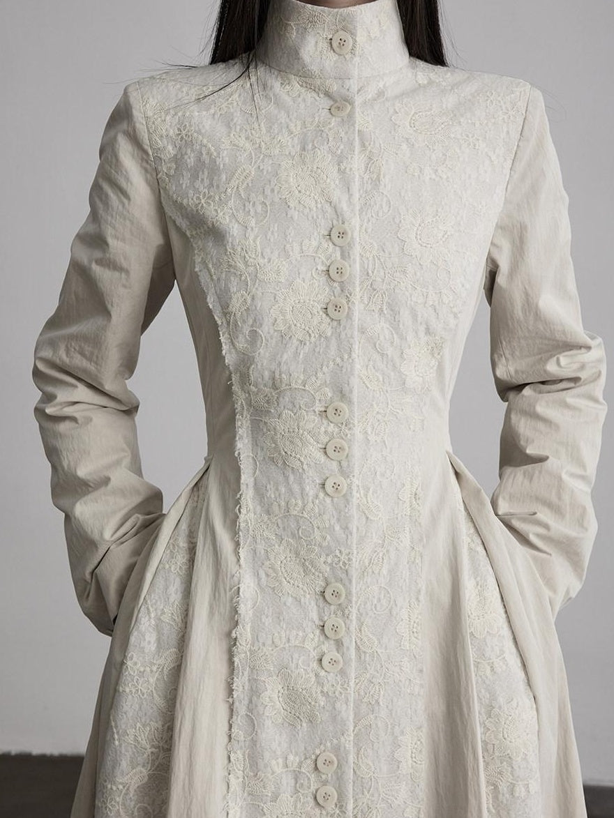INDULGE Lace Court Style Fitted Waist Long Stand Collar Women Light Oatmeal Trench Coats