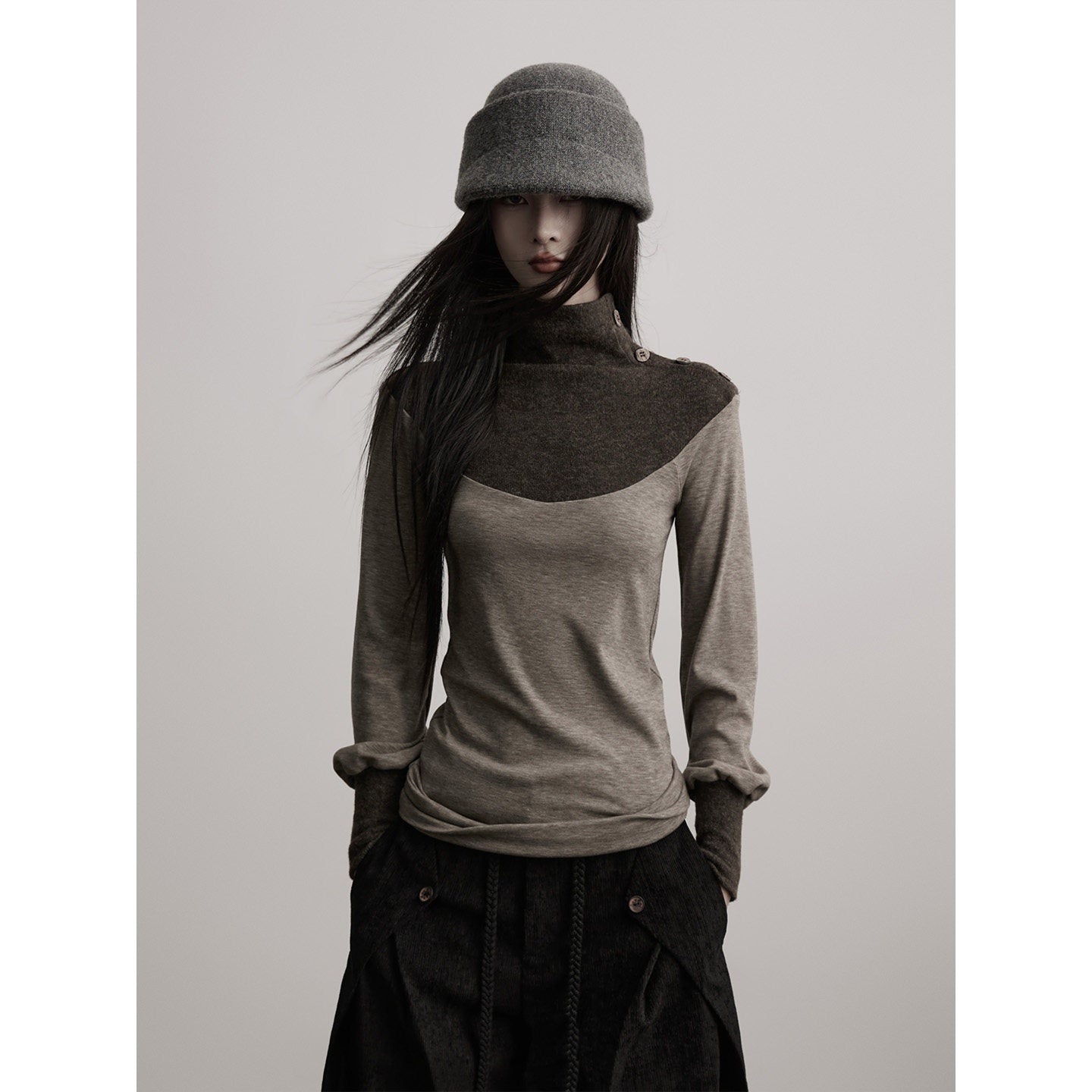 INDULGE Lyocell Blend Slim Fit Dark Goth Half Collar Women Gray Long Sleeve T-Shirts