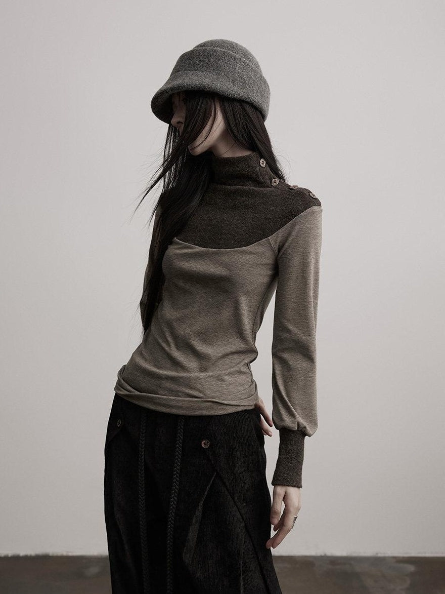 INDULGE Lyocell Blend Slim Fit Dark Goth Half Collar Women Gray Long Sleeve T-Shirts
