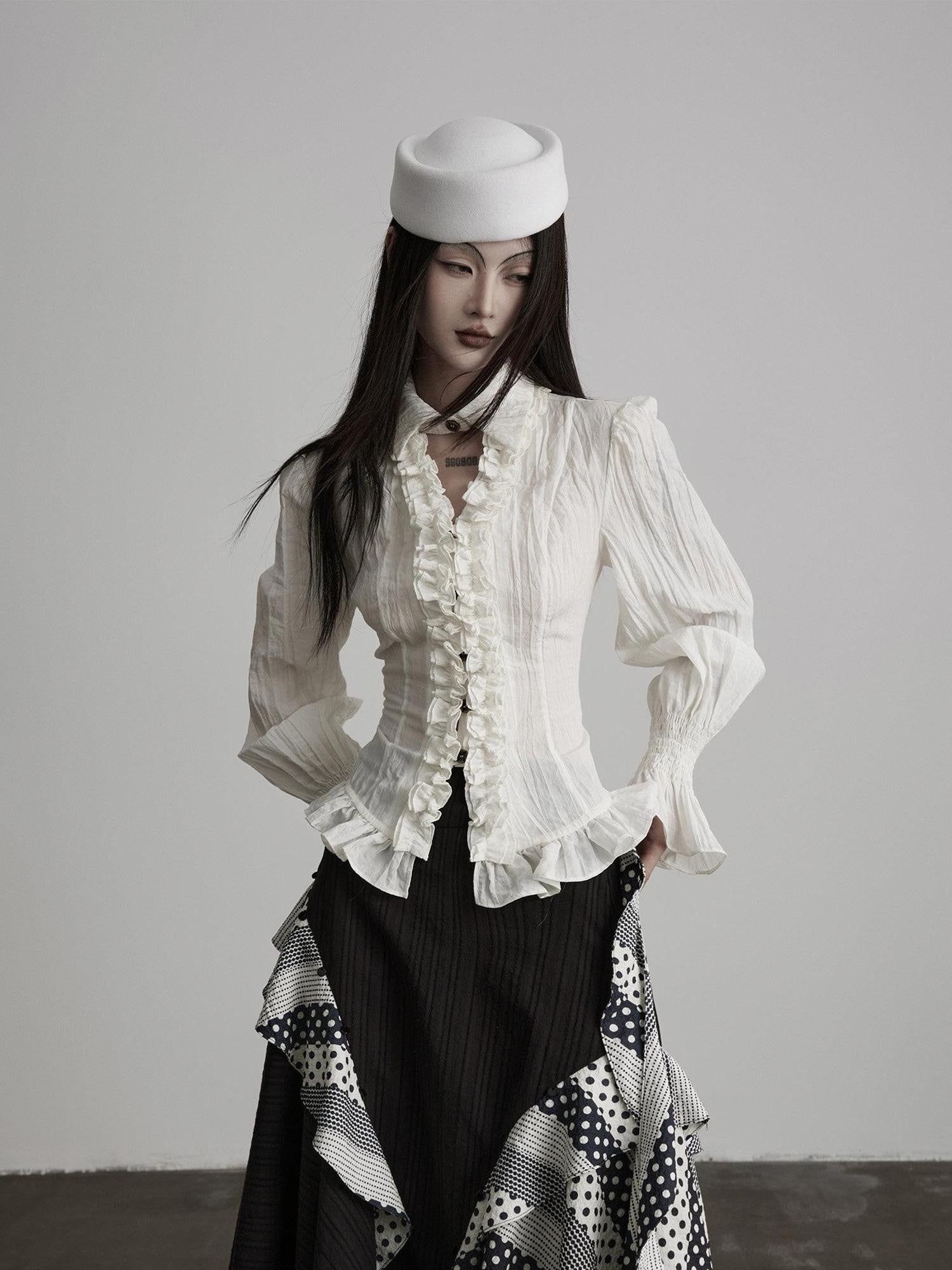 INDULGE Lyocell Lace Waist Cinched V-neck Ivory Bell Sleeve Cardigan Puff-Sleeve Blouses